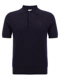 Chemise polo en laine bleue de Burberry, vue de face, avec col classique et logo emblématique sur la poitrine.