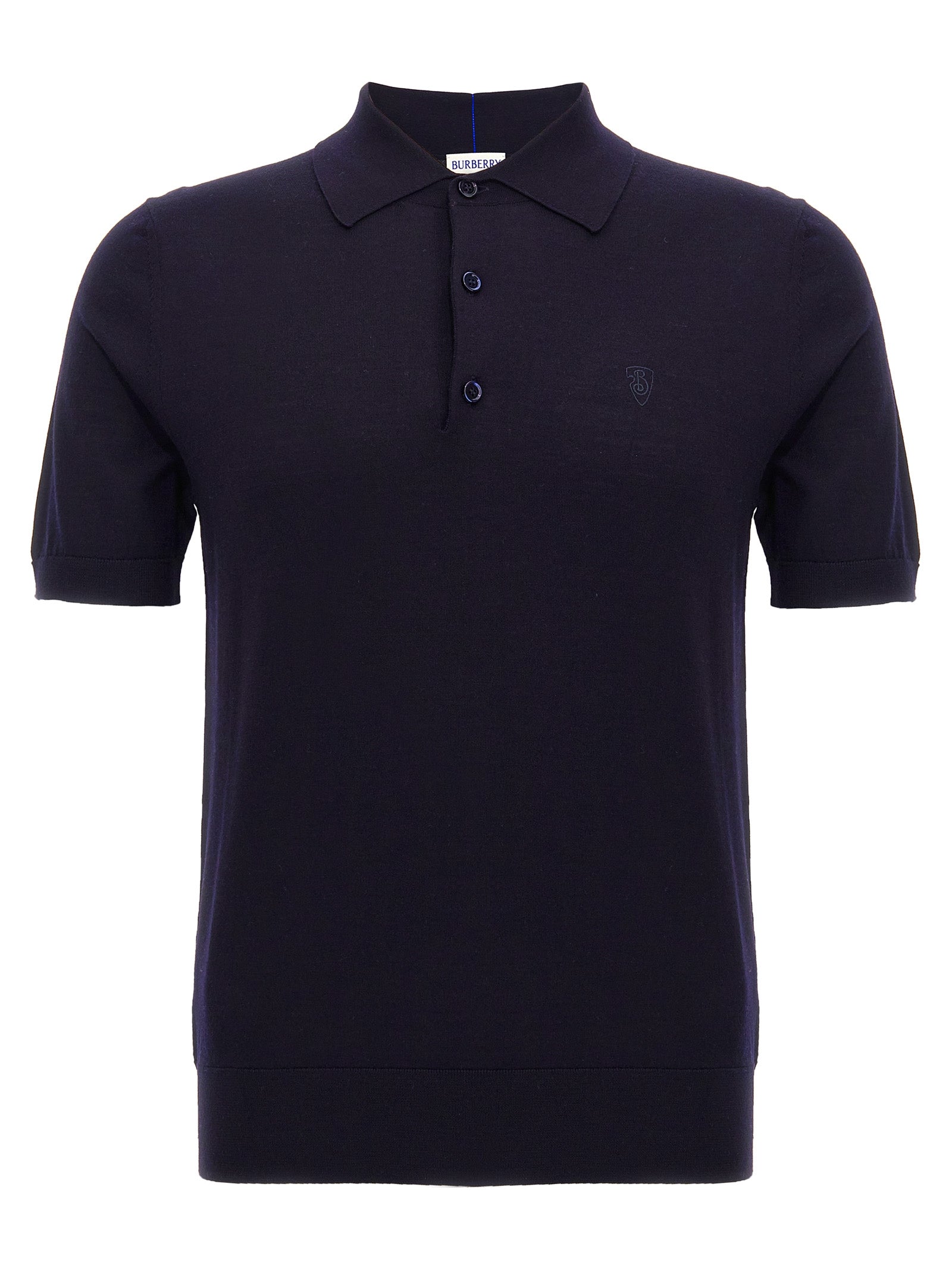 Chemise polo en laine bleue de Burberry, vue de face, avec col classique et logo emblématique sur la poitrine.