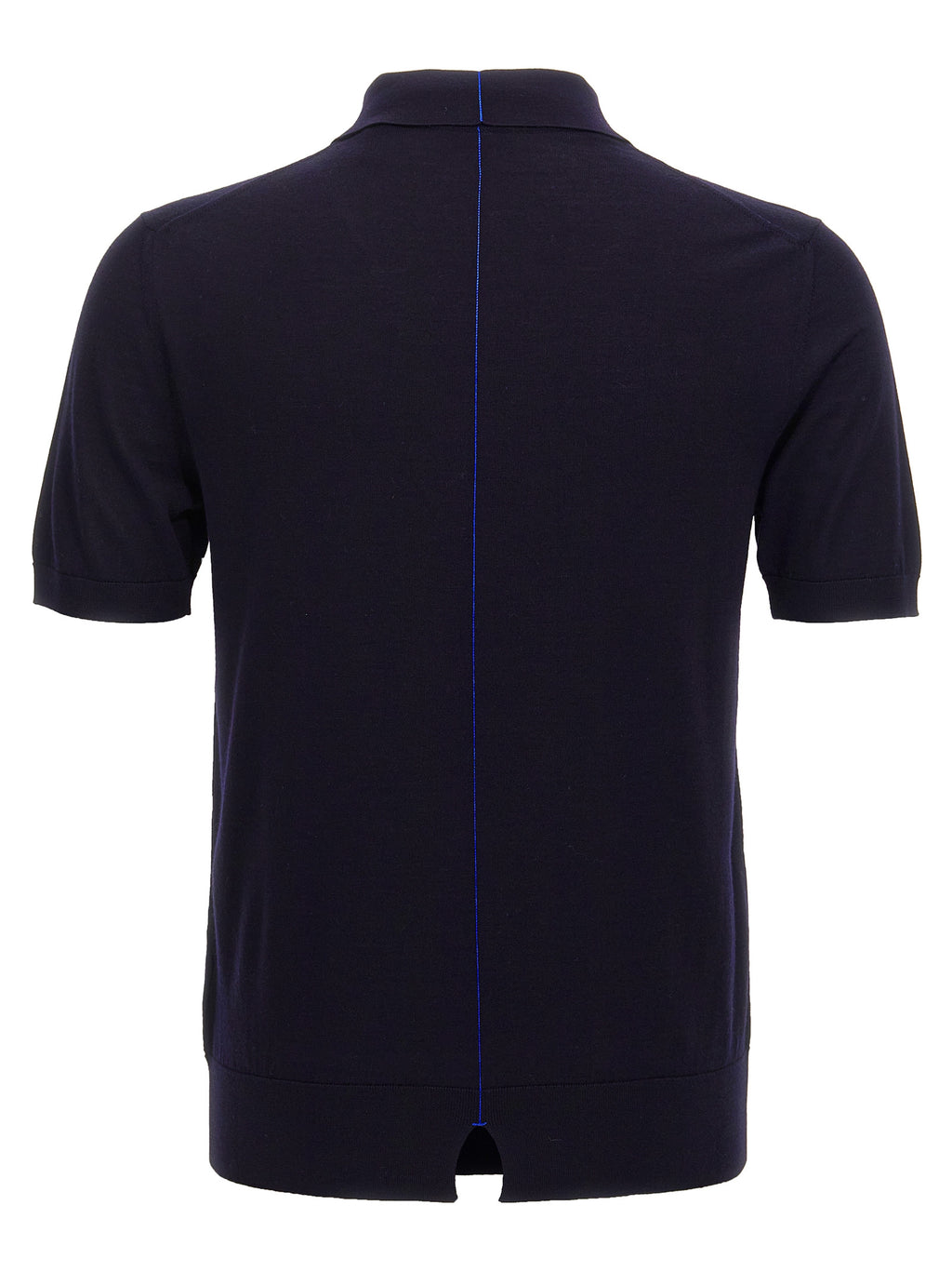 Polo en laine bleue Burberry, chemise élégante à col classique, vue de face sur fond blanc.