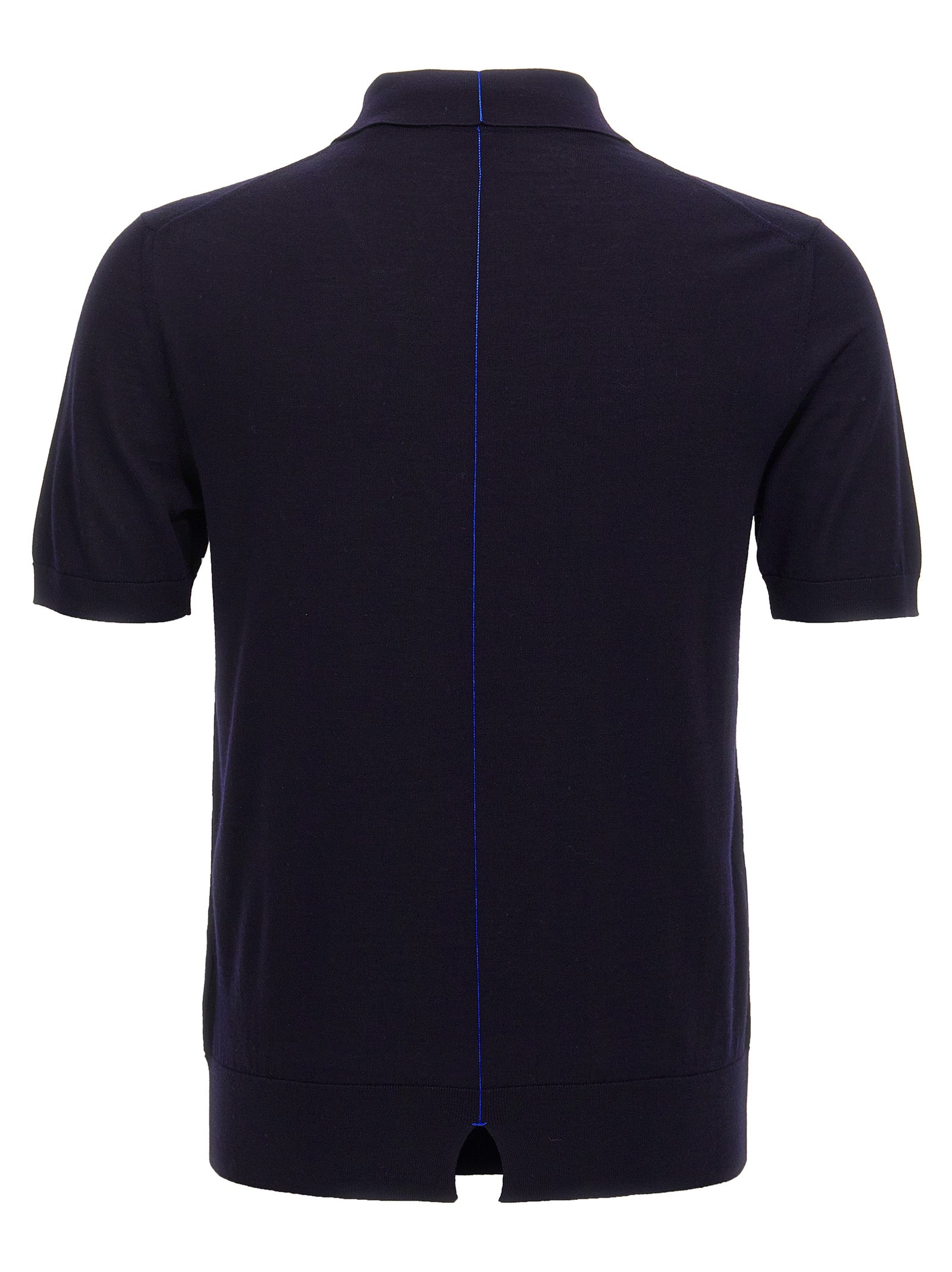 Polo en laine bleue Burberry, chemise élégante à col classique, vue de face sur fond blanc.