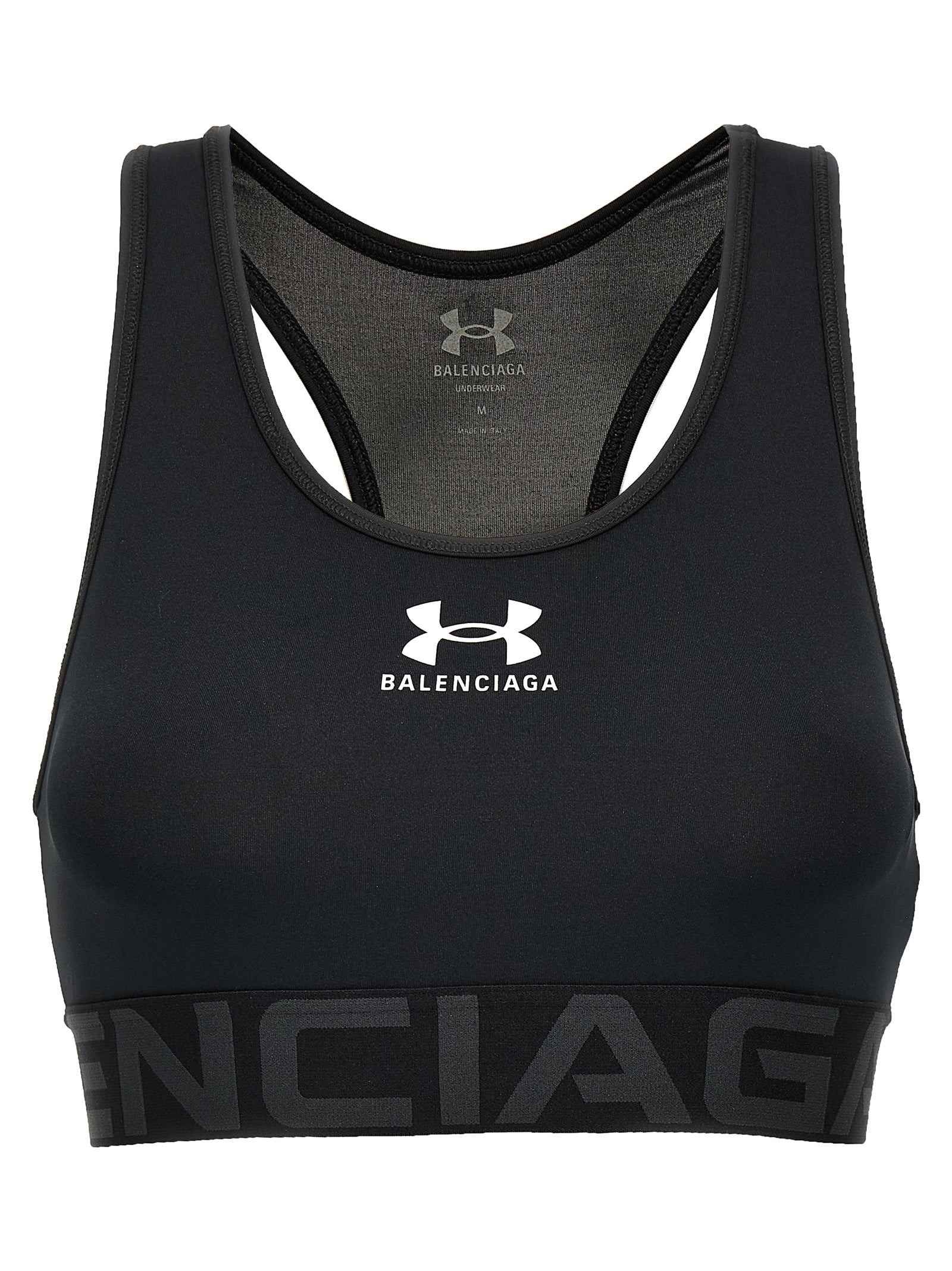 Soutien-gorge de sport noir en polyester Balenciaga, tissu confortable et ajusté pour activité physique.
