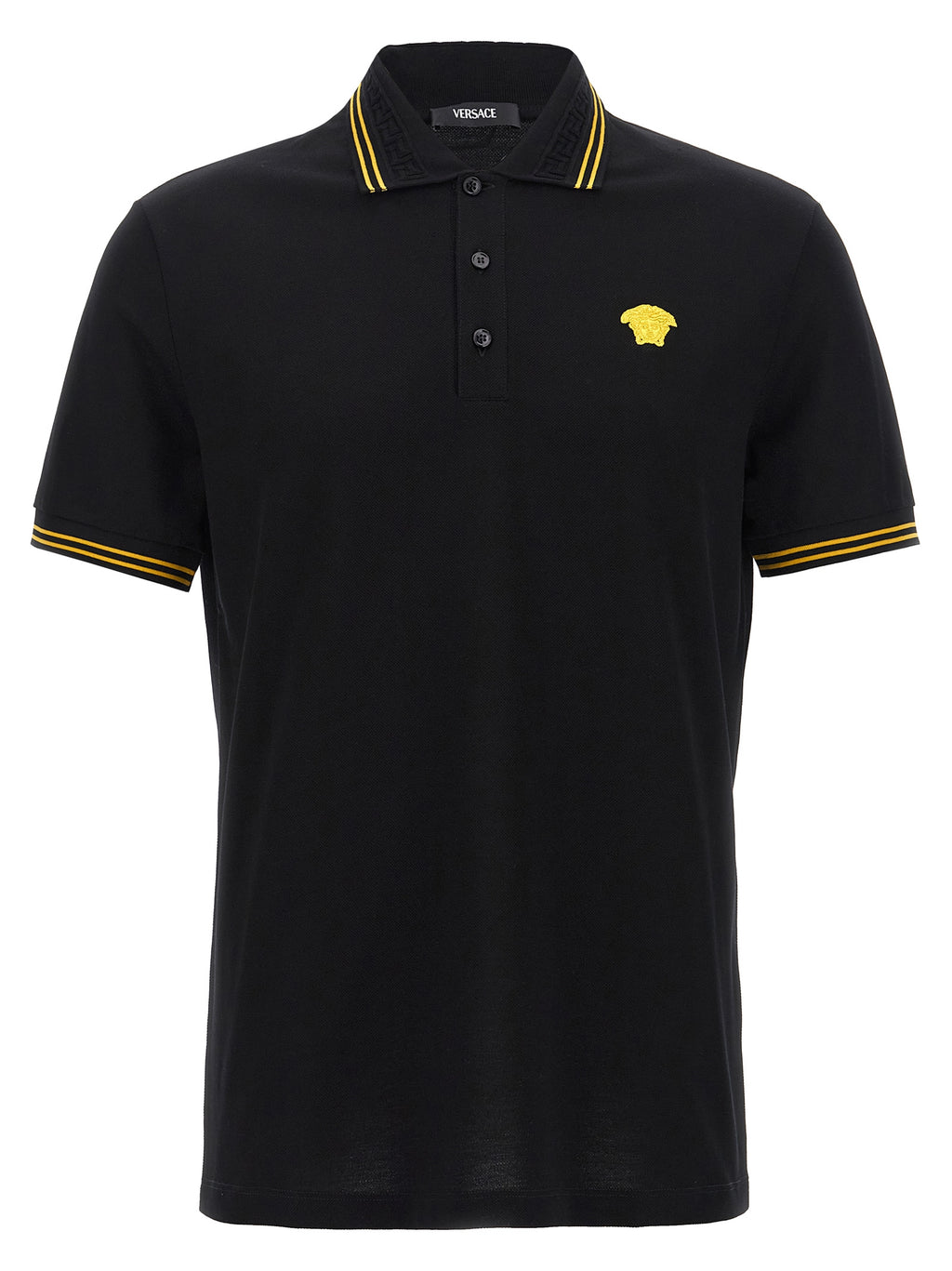 Chemise polo en coton noir de la marque Versace, avec logo distinctif visible sur la poitrine.