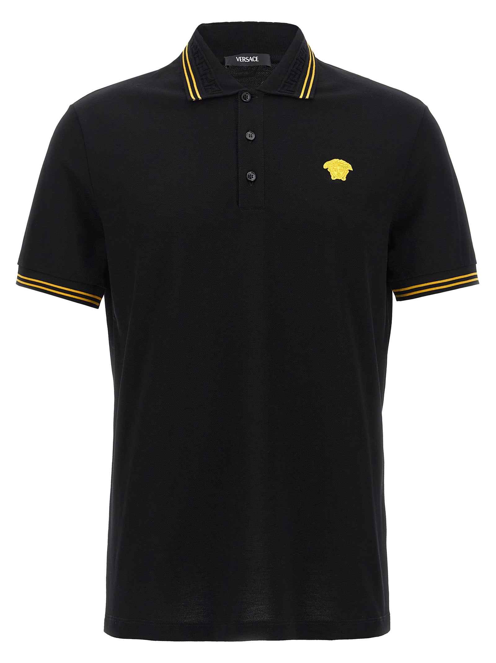 Chemise polo en coton noir de la marque Versace, avec logo distinctif visible sur la poitrine.