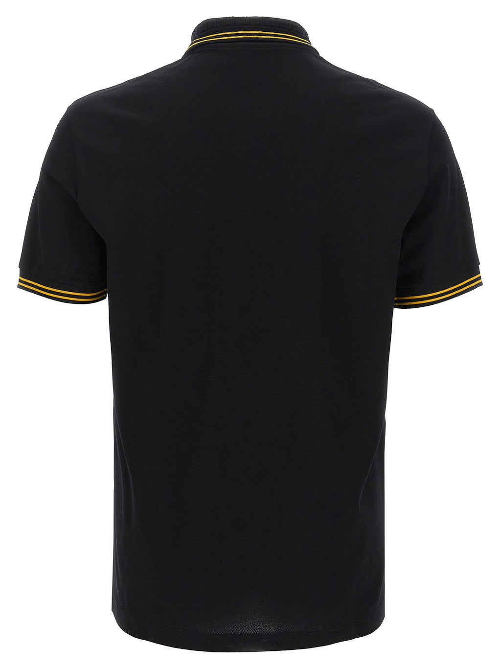 Chemise polo noire en coton de la marque Versace, avec logo distinctif visible sur le devant.