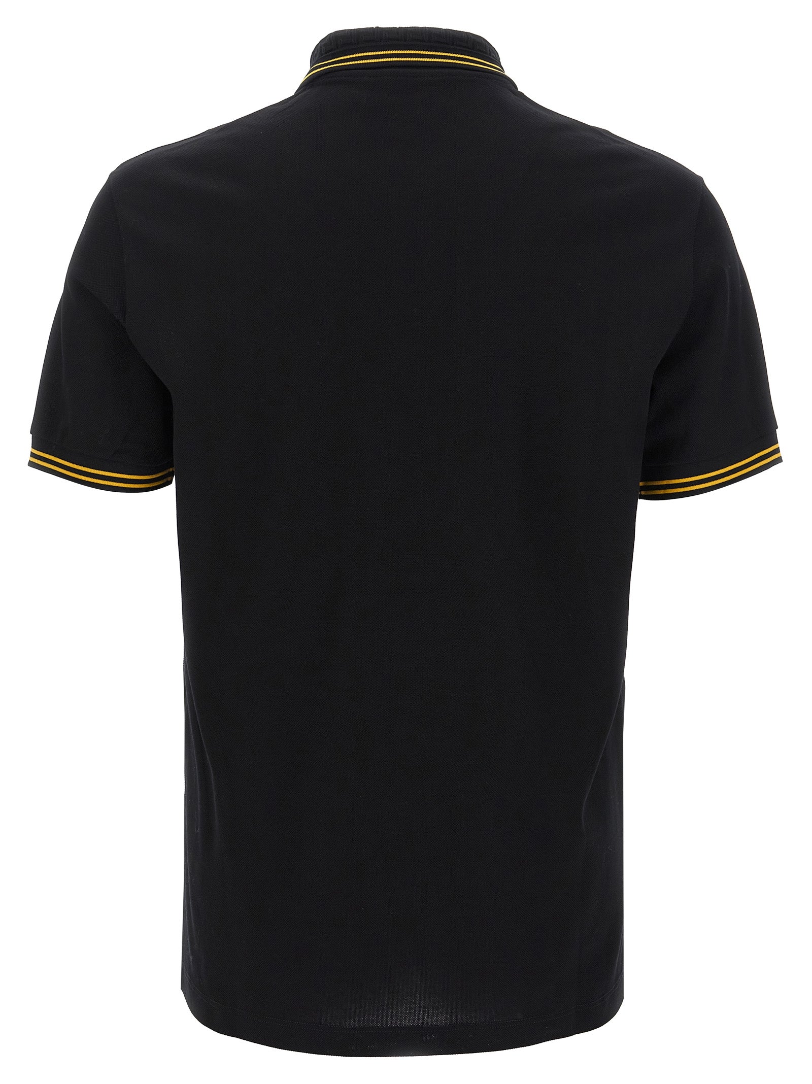 Chemise polo noire en coton de la marque Versace, avec logo distinctif visible sur le devant.
