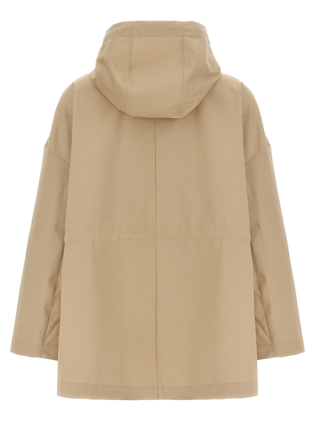 Parka beige en coton de la marque Moncler avec capuche et fermeture à boutons, portée décontractée, vue de face.