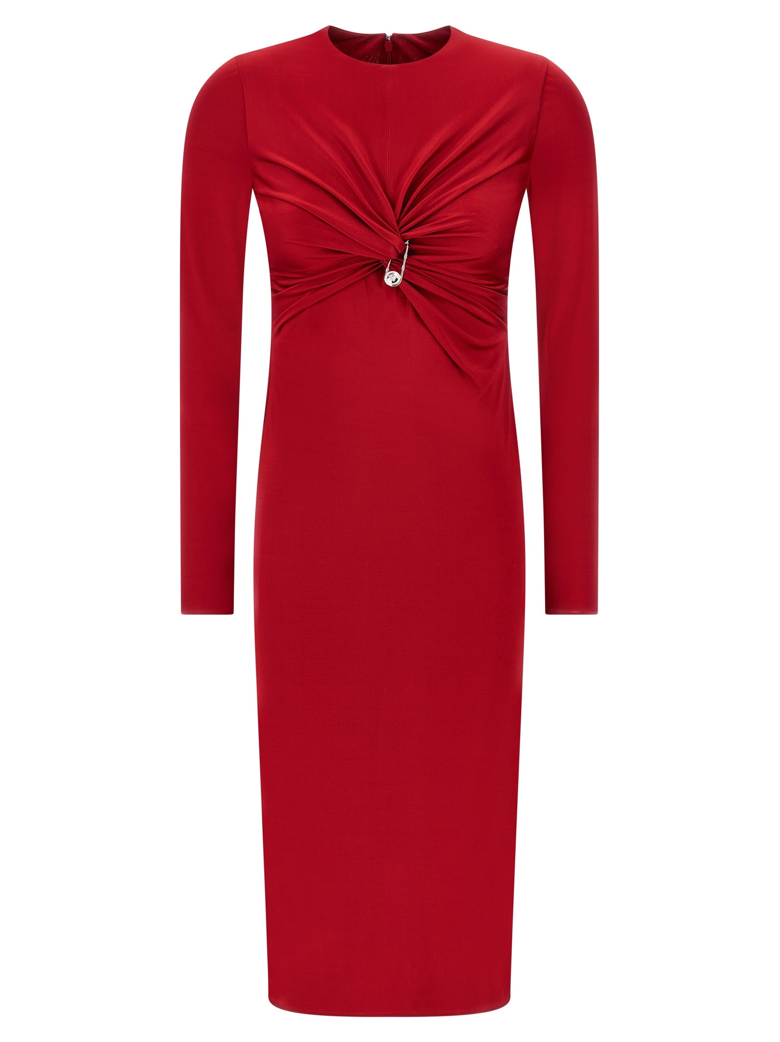 Robe midi en viscose multicolore de Versace, avec motif élégant et coupe fluide, portée par un mannequin.