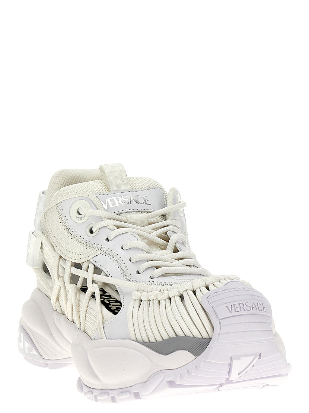 Chaussures de sport blanches en cuir de veau Versace, baskets athlétiques élégantes et confortables.