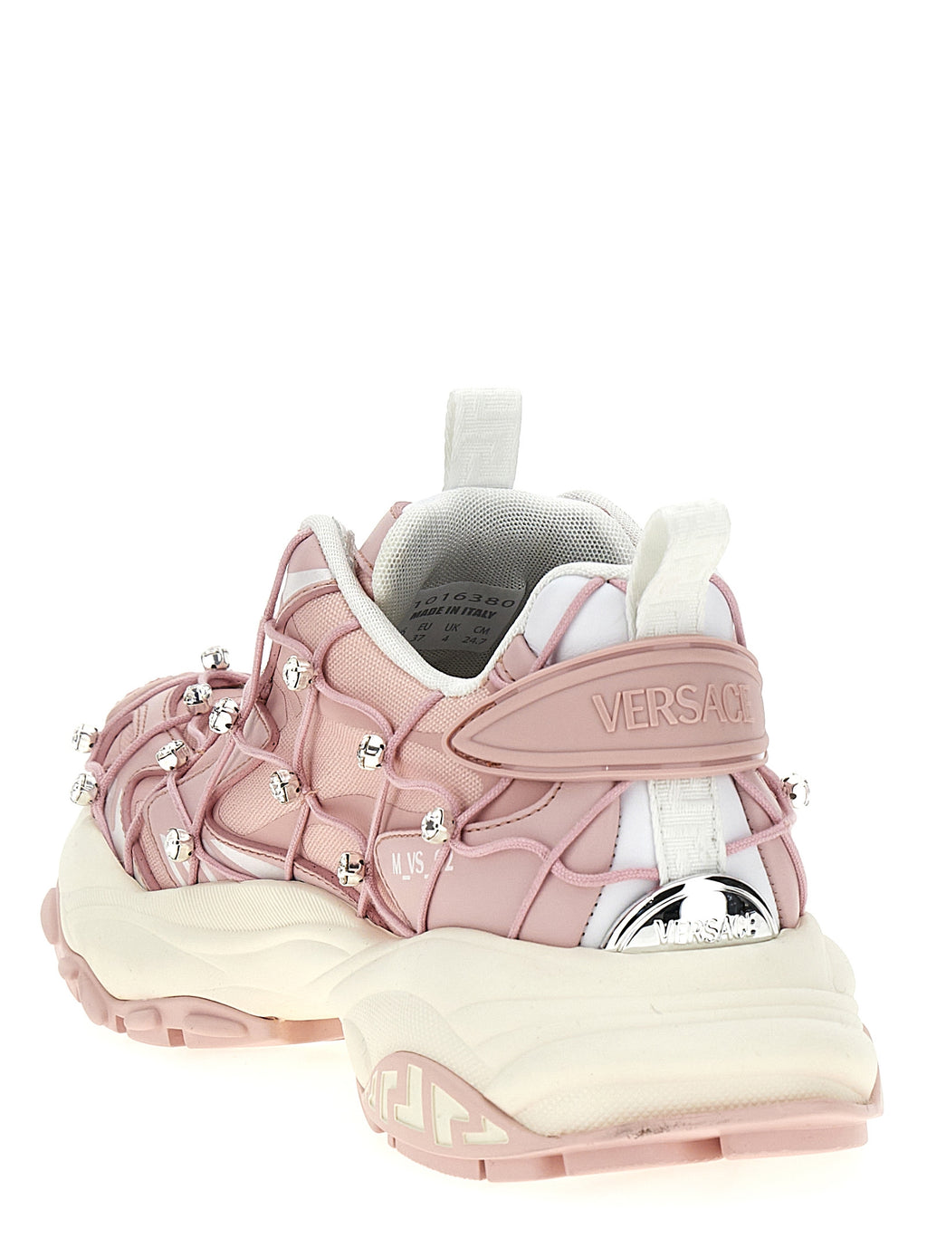 Chaussures de sport Versace en polyester multicolore avec design sportif et semelle blanche sur fond blanc.