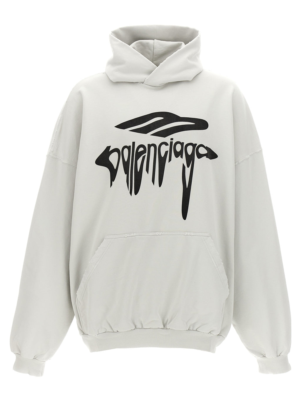 Sweat-shirt blanc en coton de Balenciaga, coupe classique, porté sur mannequin, détails du tissu visible.