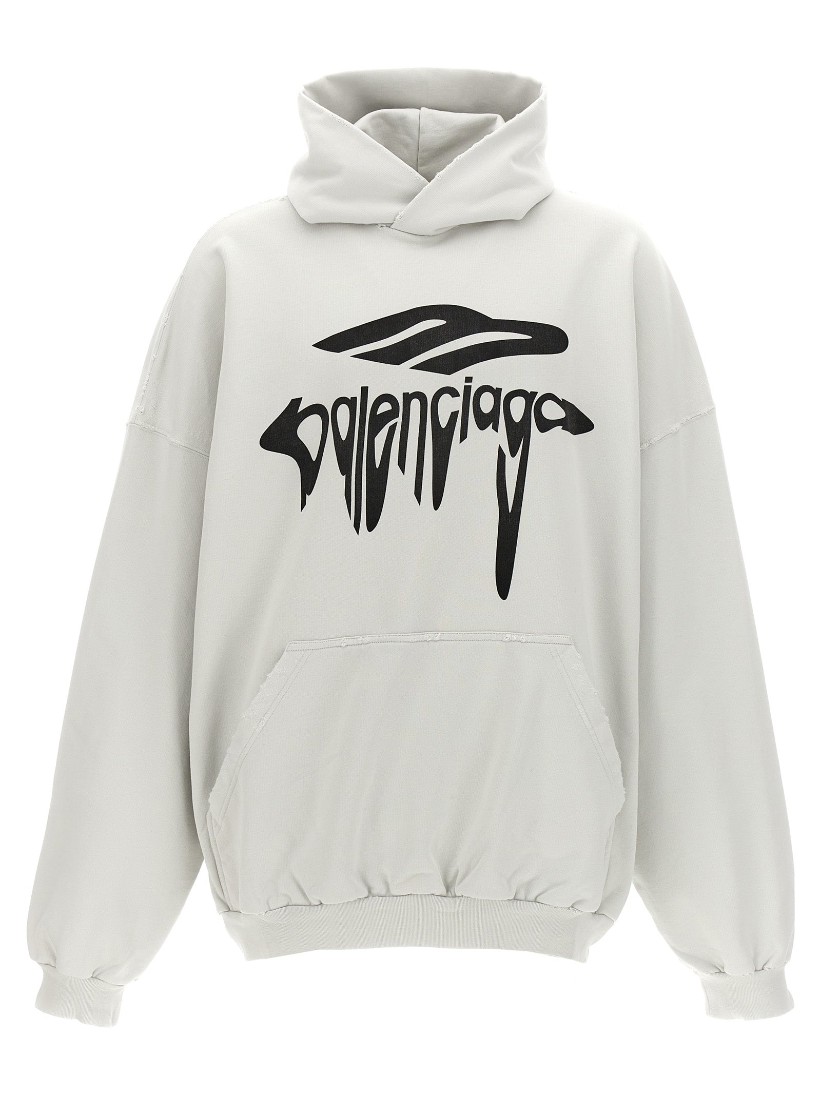 Sweat-shirt blanc en coton de Balenciaga, coupe classique, porté sur mannequin, détails du tissu visible.