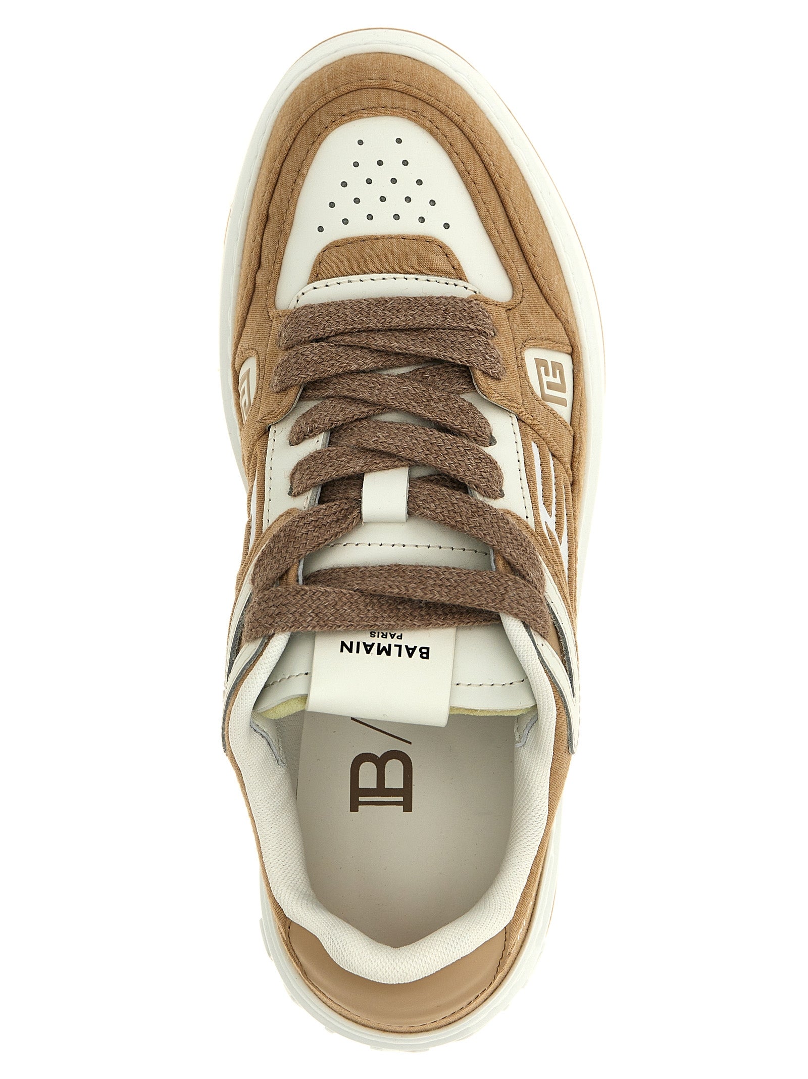 Chaussures basses Balmain en polyester beige, sneakers tendance avec design moderne et look élégant.