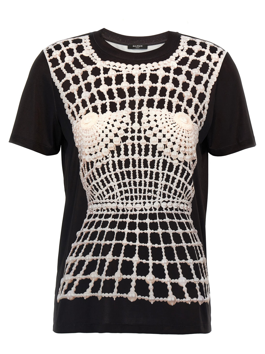 T-shirt noir en coton biologique de la marque Balmain, coupe classique avec logo discret, porté sur un mannequin.