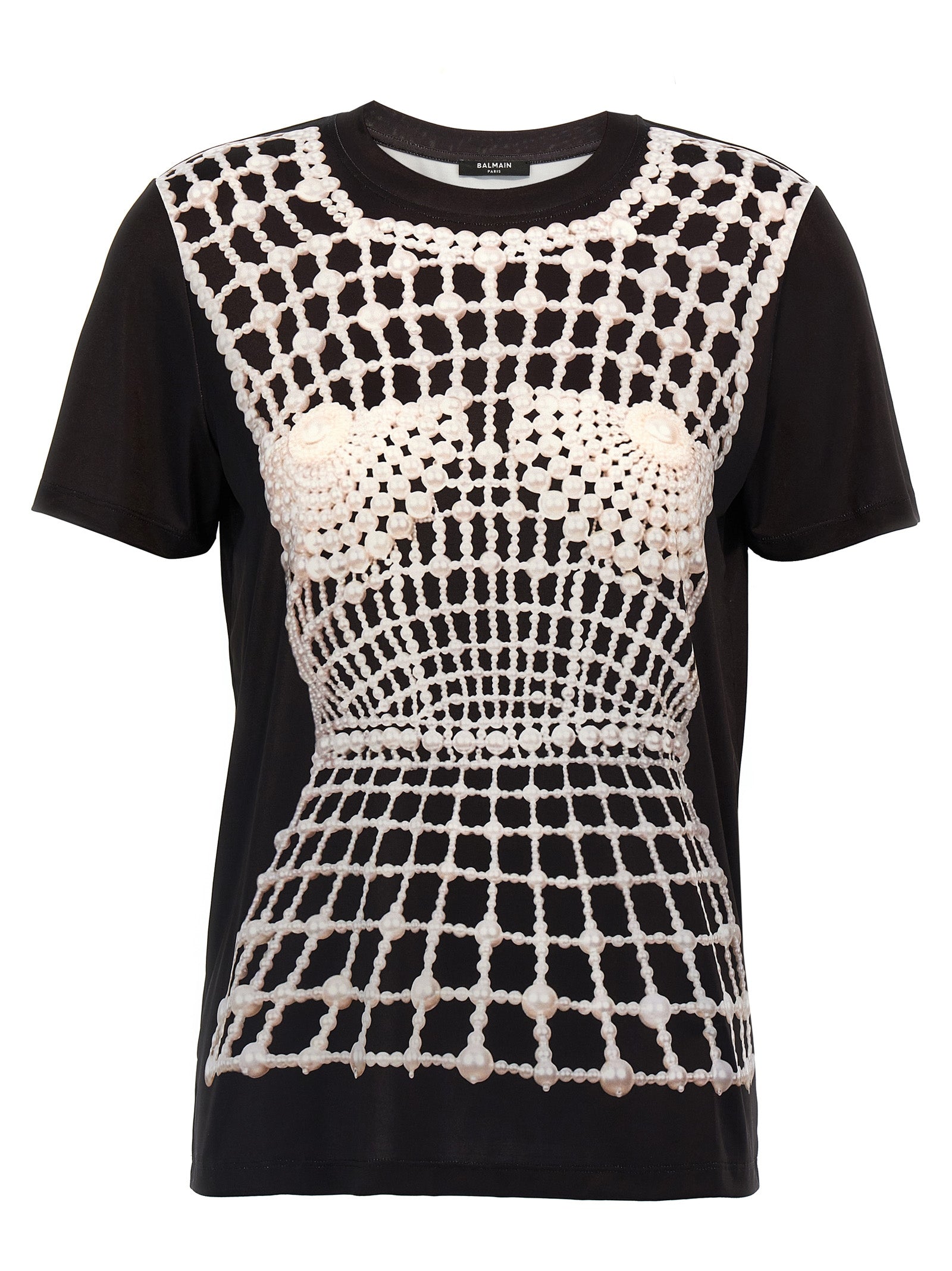 T-shirt noir en coton biologique de la marque Balmain, coupe classique avec logo discret, porté sur un mannequin.