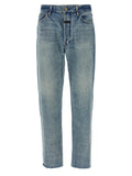 Jeans en coton bleu Fear Of God, coupe droite, style décontracté, visible détail de la texture du tissu.