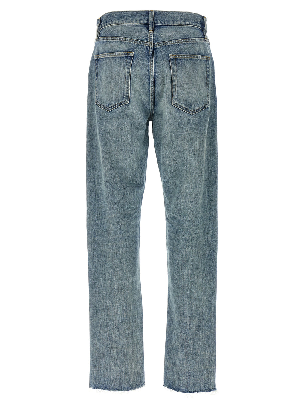 Jean homme Fear Of God en coton bleu, coupe droite, détails modernes et style décontracté, visible sur l'image.