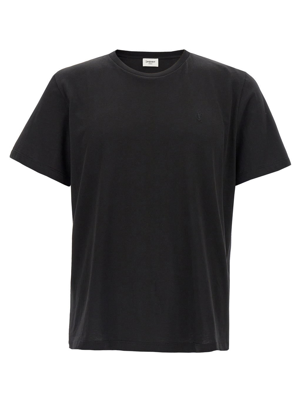 T-shirt en coton noir Saint Laurent, coupe classique, logo discret sur la poitrine, porté sur un mannequin.