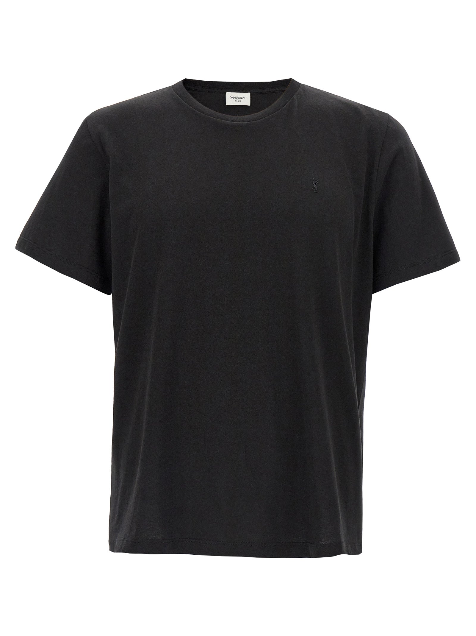 T-shirt en coton noir Saint Laurent, coupe classique, logo discret sur la poitrine, porté sur un mannequin.