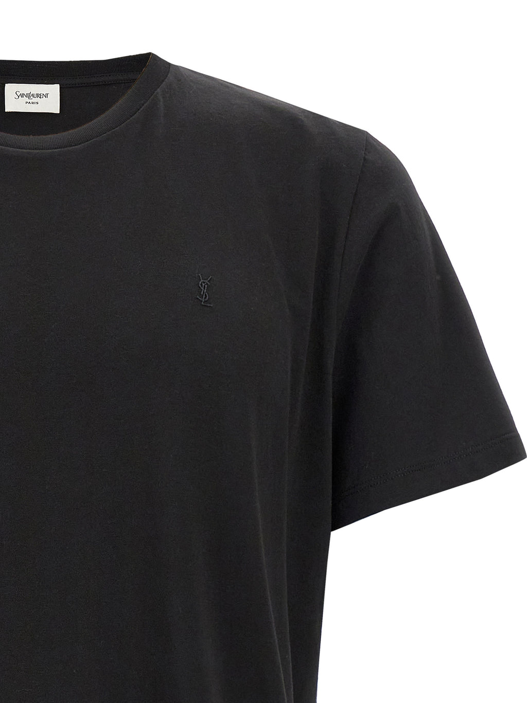 T-shirt noir en coton de Saint Laurent, coupe classique, porté sur mannequin, vue de face.