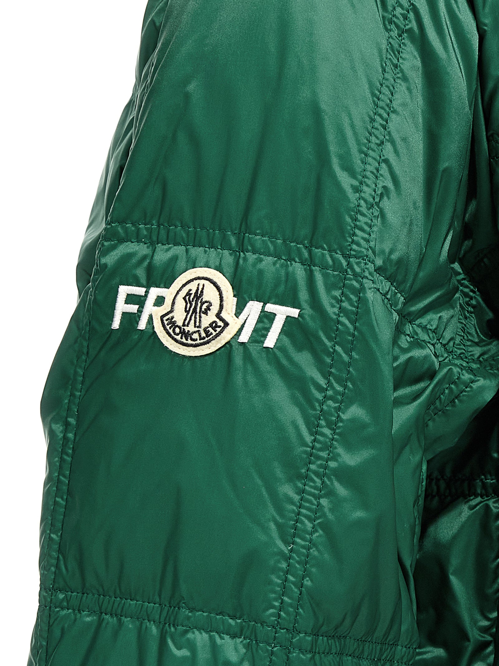 Veste longue bicolore en polyamide MONCLER GENIUS avec capuche et fermeture zippée, style moderne et élégant.