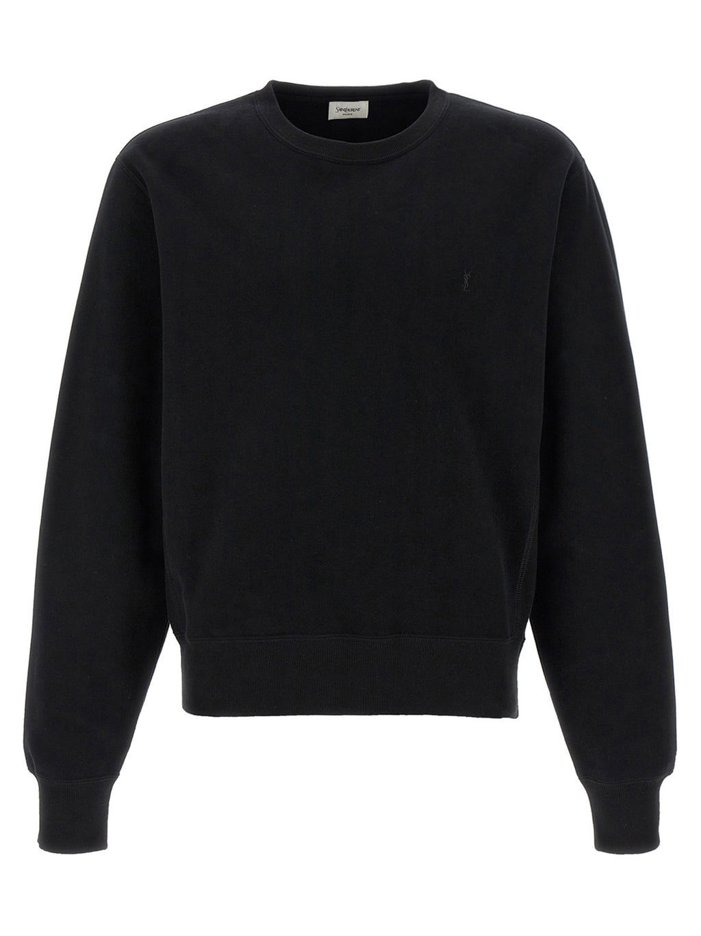 Sweatshirt en coton noir de Saint Laurent, vêtement décontracté avec logo discret, porté par un mannequin.