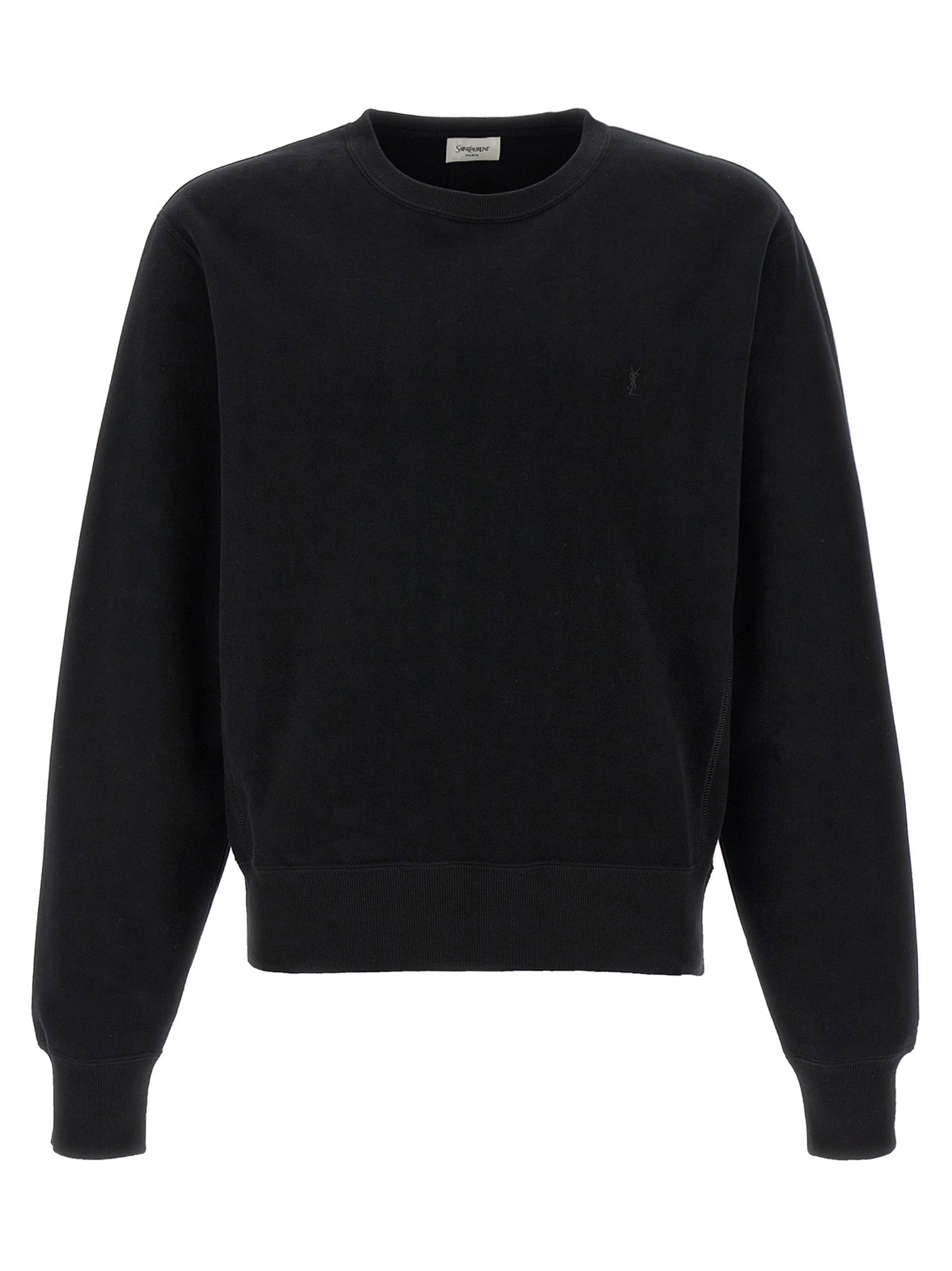 Sweatshirt en coton noir de Saint Laurent, vêtement décontracté avec logo discret, porté par un mannequin.