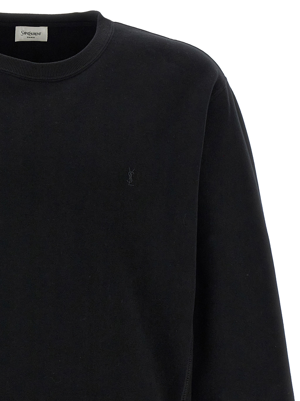 Sweat-shirt en coton noir de Saint Laurent, style décontracté, logo discret, porté avec col rond et manches longues.