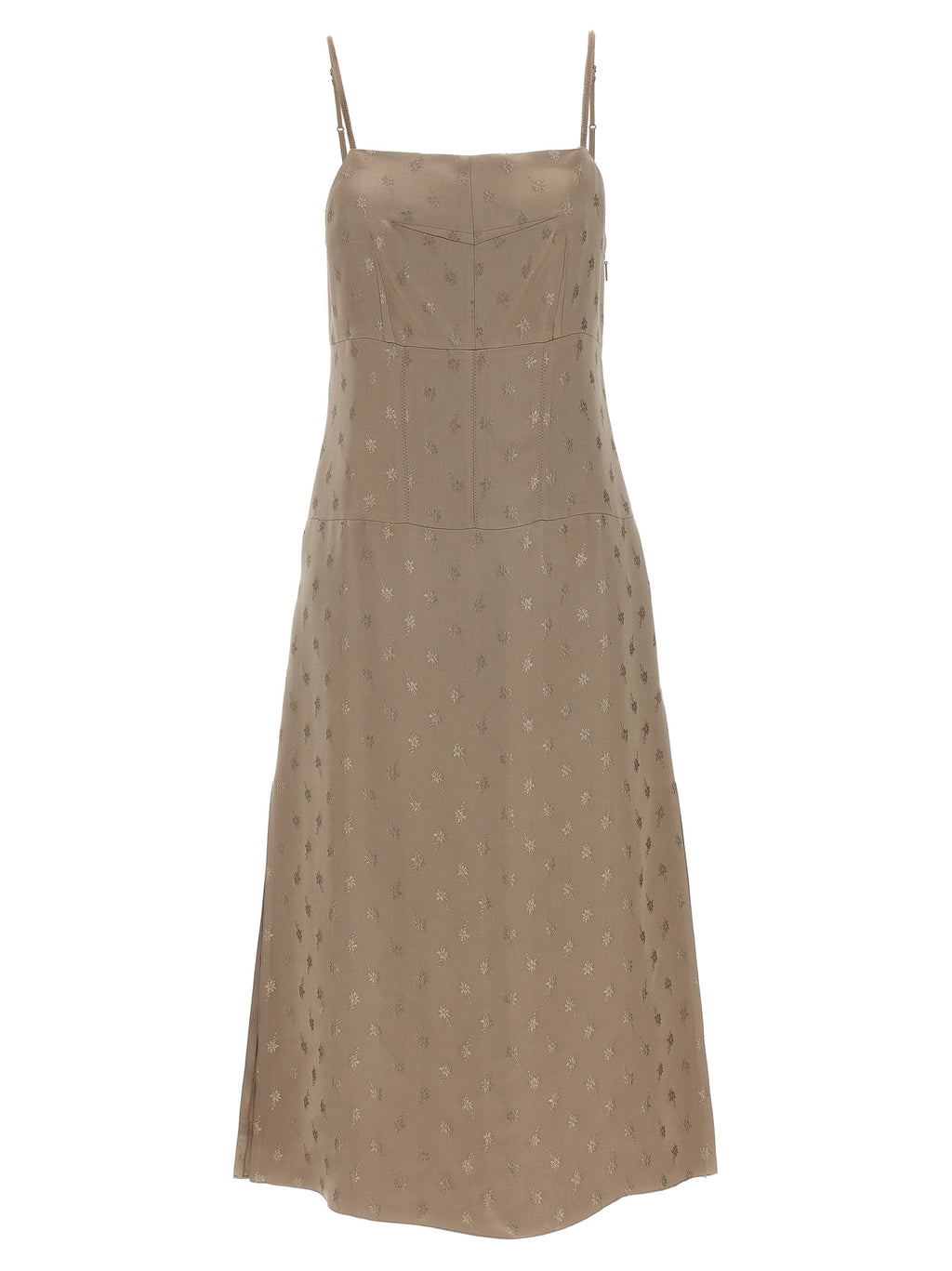 Robe midi en soie grise de Fendi, élégante et fluide, avec coupe sophistiquée et détails raffinés.