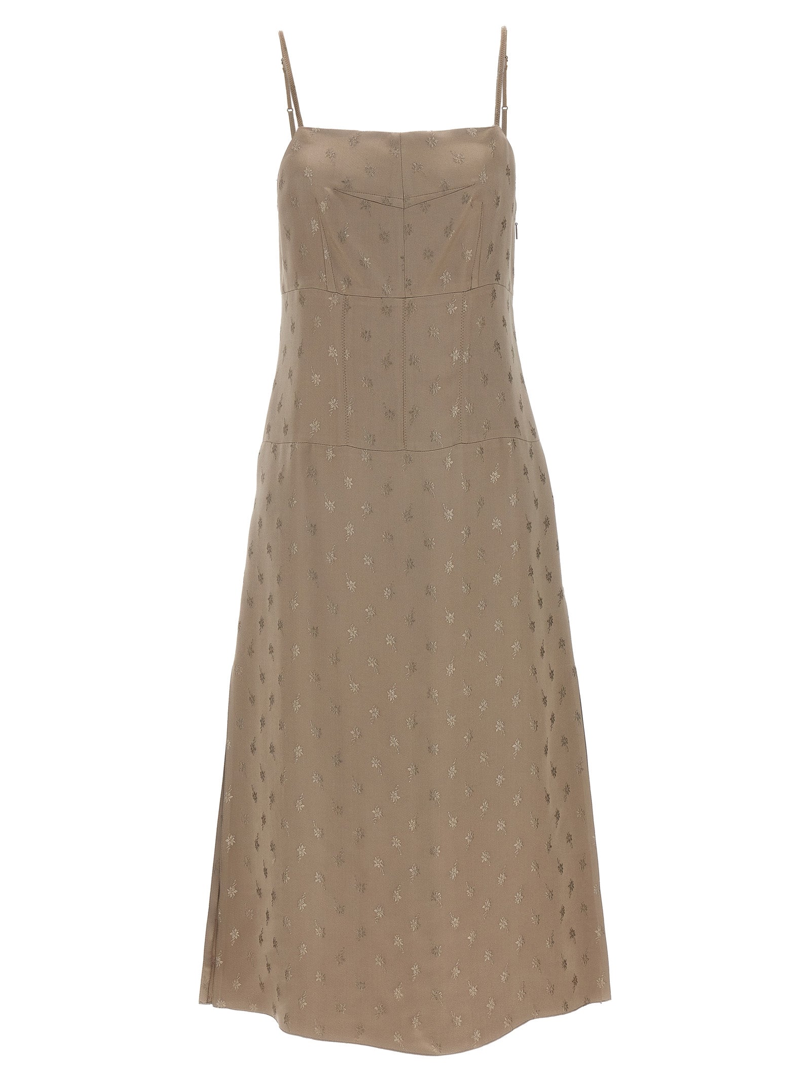 Robe midi en soie grise de Fendi, élégante et fluide, avec coupe sophistiquée et détails raffinés.