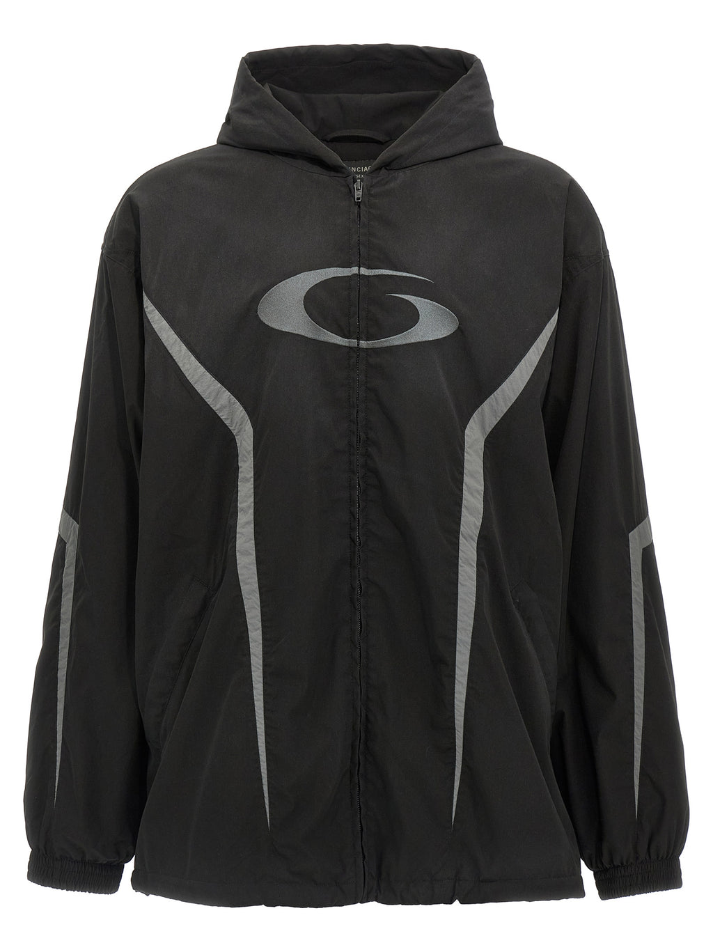 Veste en polyester noir de Balenciaga, coupe moderne avec capuche et fermeture éclair, style élégant et décontracté.