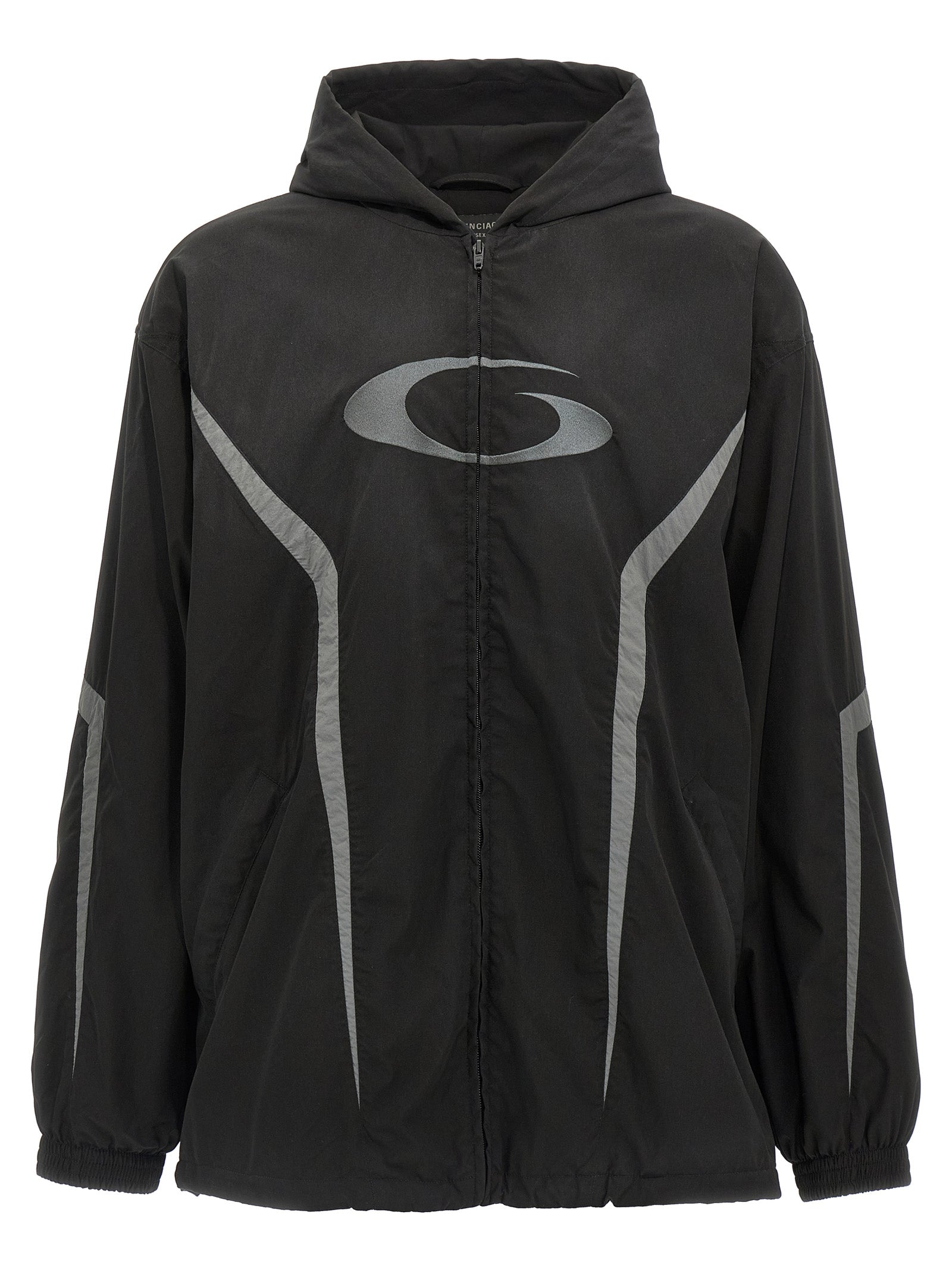 Veste en polyester noir de Balenciaga, coupe moderne avec capuche et fermeture éclair, style élégant et décontracté.