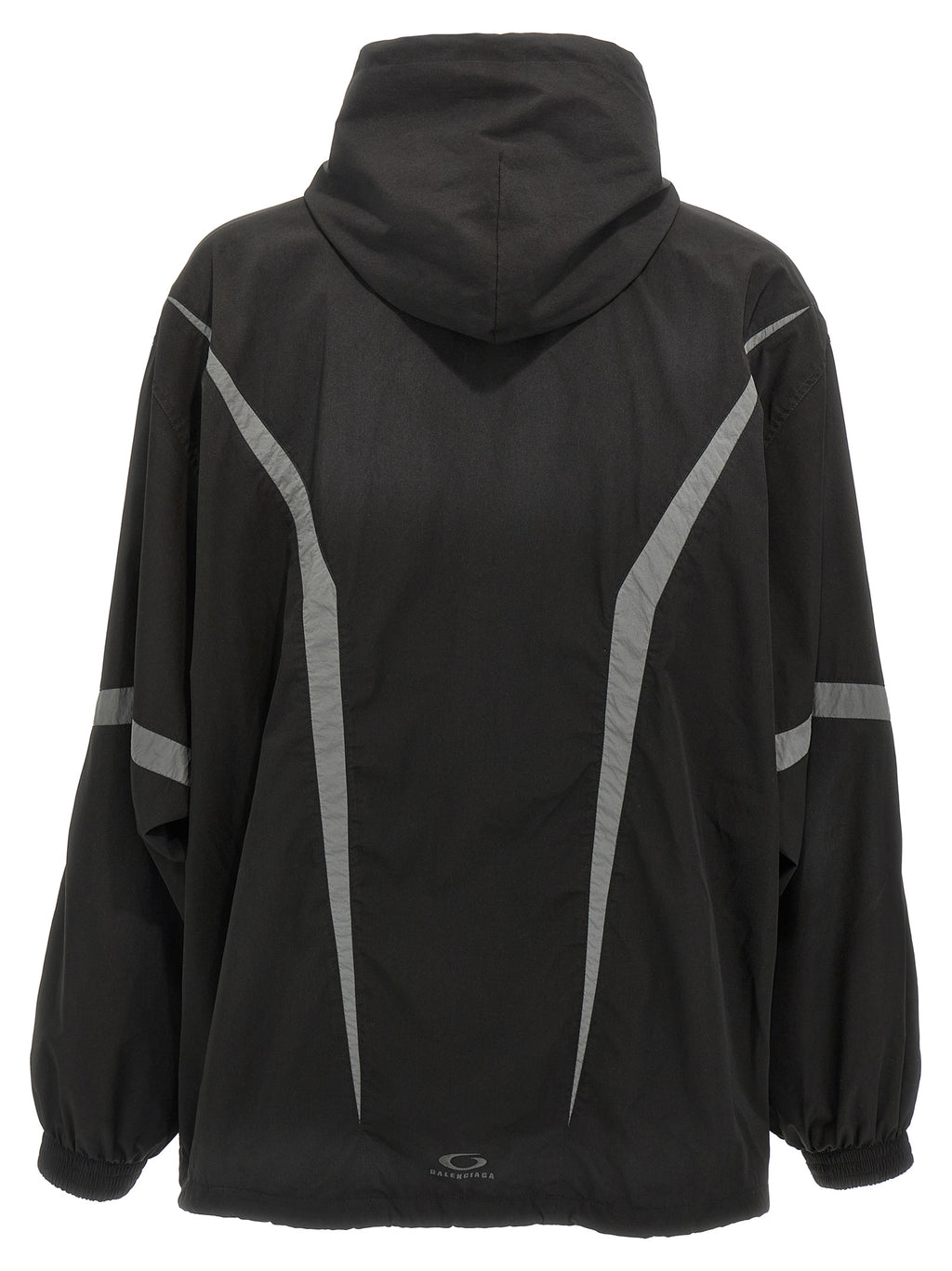 Veste en polyester noire de Balenciaga, coupe moderne avec capuche et poches, style urbain et tendance.