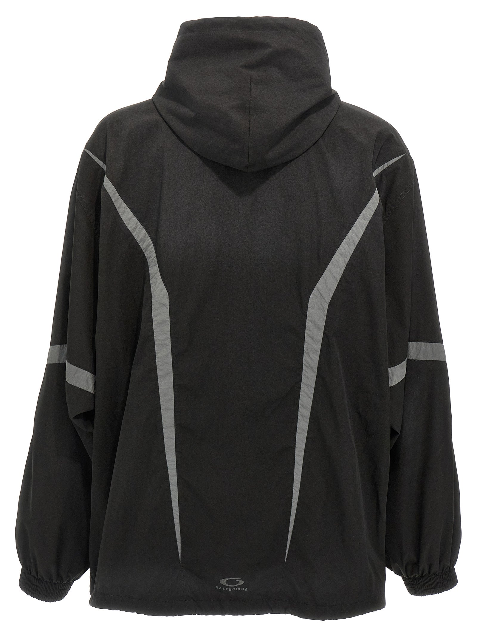 Veste en polyester noire de Balenciaga, coupe moderne avec capuche et poches, style urbain et tendance.