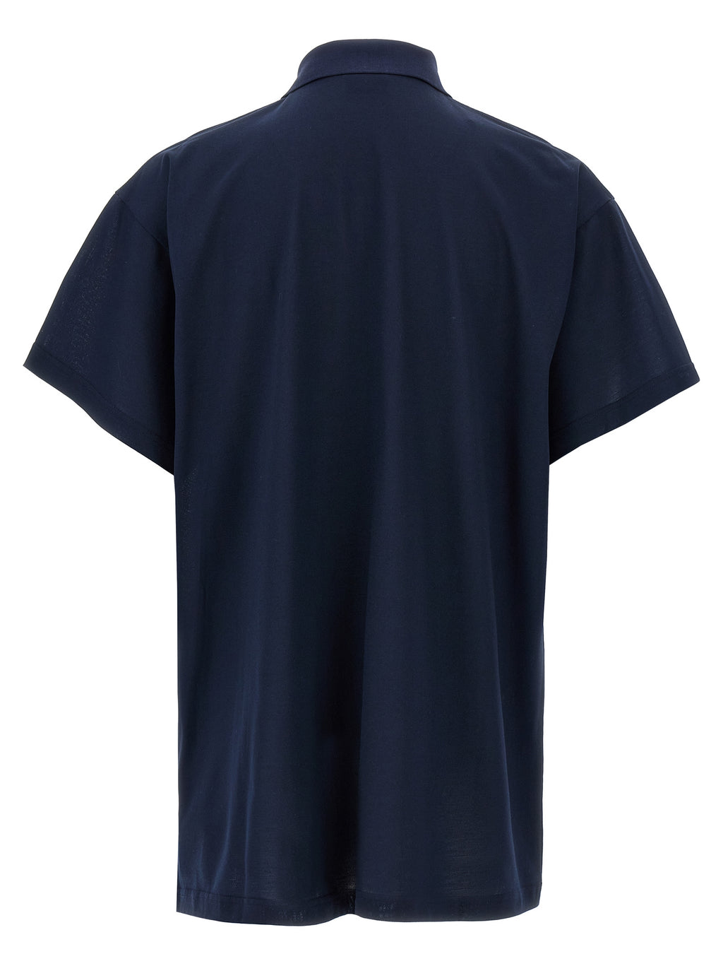 Chemise polo en coton bleu Balenciaga, vue de face, détails du col et du logo sur la poitrine.
