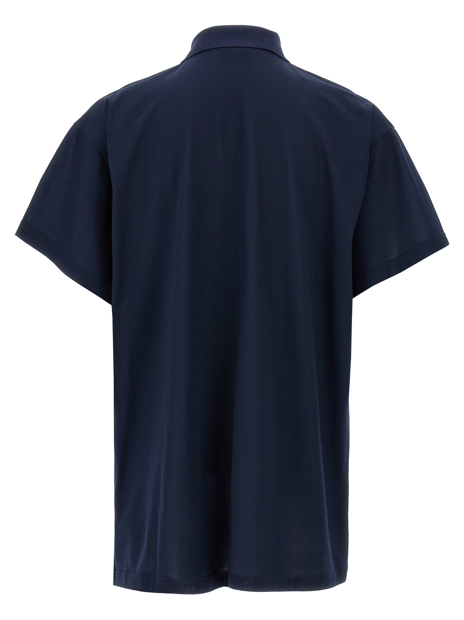 Chemise polo en coton bleu Balenciaga, vue de face, détails du col et du logo sur la poitrine.