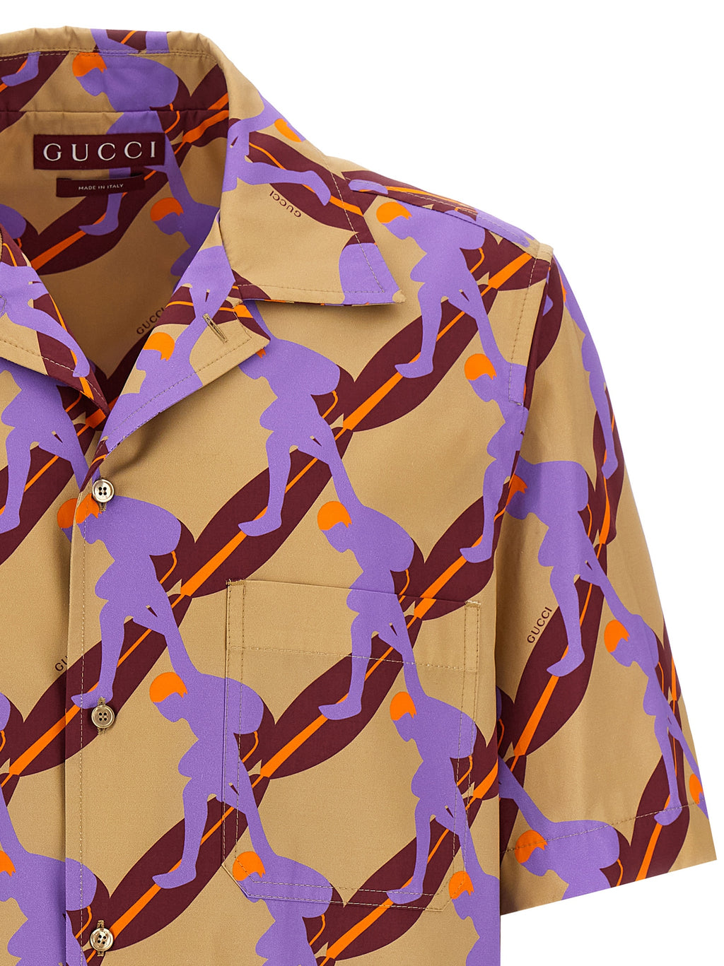 Blouse en coton multicolore Gucci avec motifs colorés, col classique et manches longues, élégante et tendance.