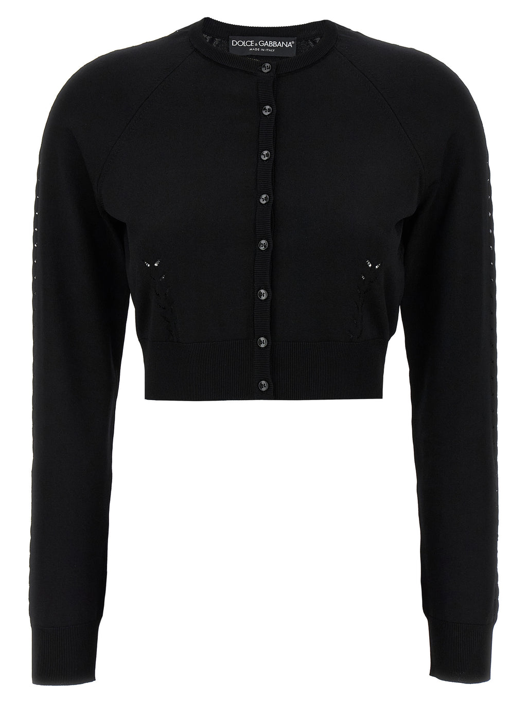 Cardigan noir en viscose de Dolce & Gabbana, détail élégant avec boutons et col classique, porté en style décontracté.