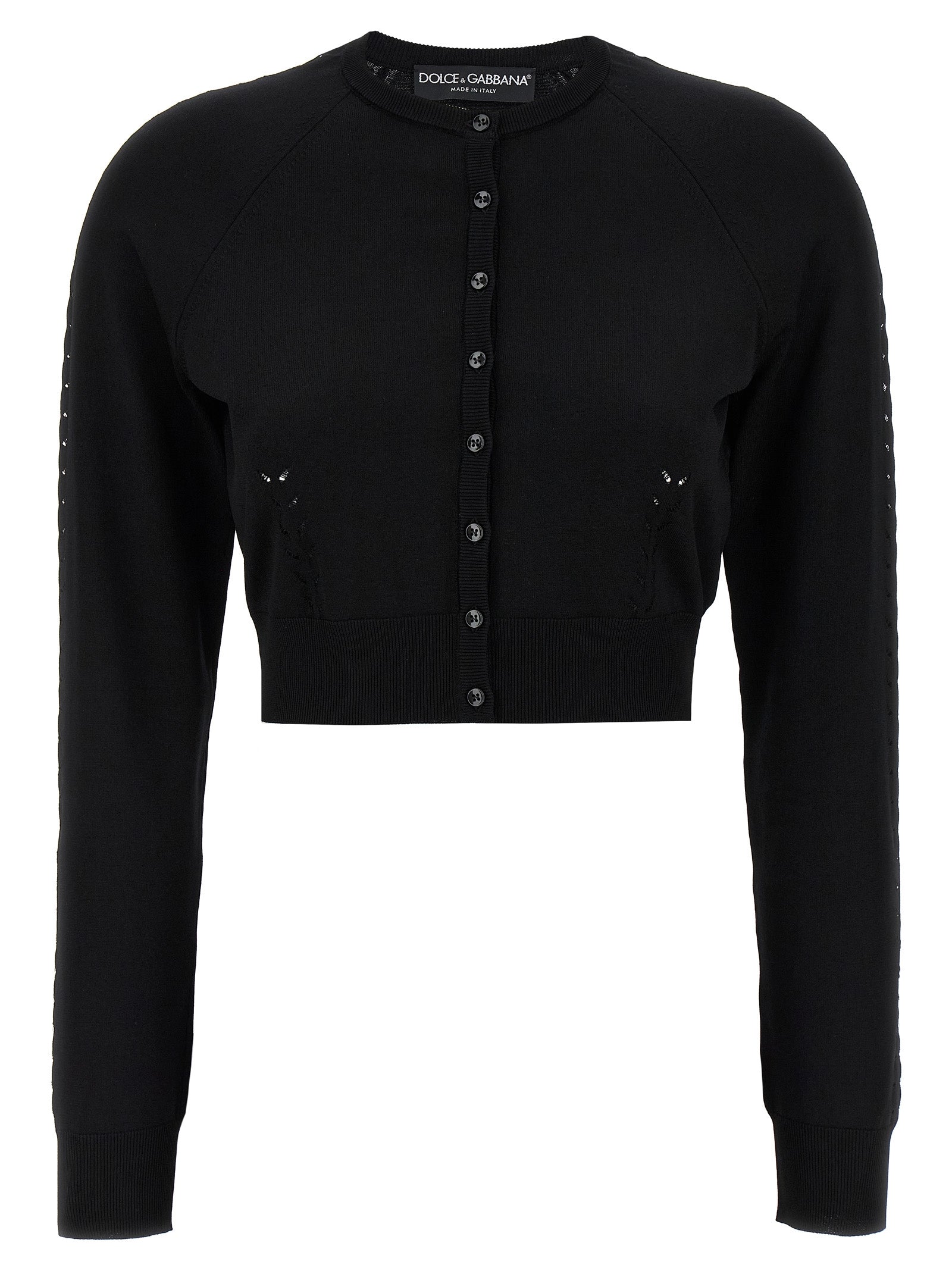 Cardigan noir en viscose de Dolce & Gabbana, détail élégant avec boutons et col classique, porté en style décontracté.