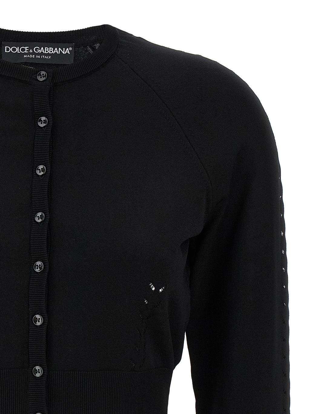 Cardigan noir en viscose de Dolce & Gabbana, doux et élégant, avec détails de style sophistiqué visible sur l'image.