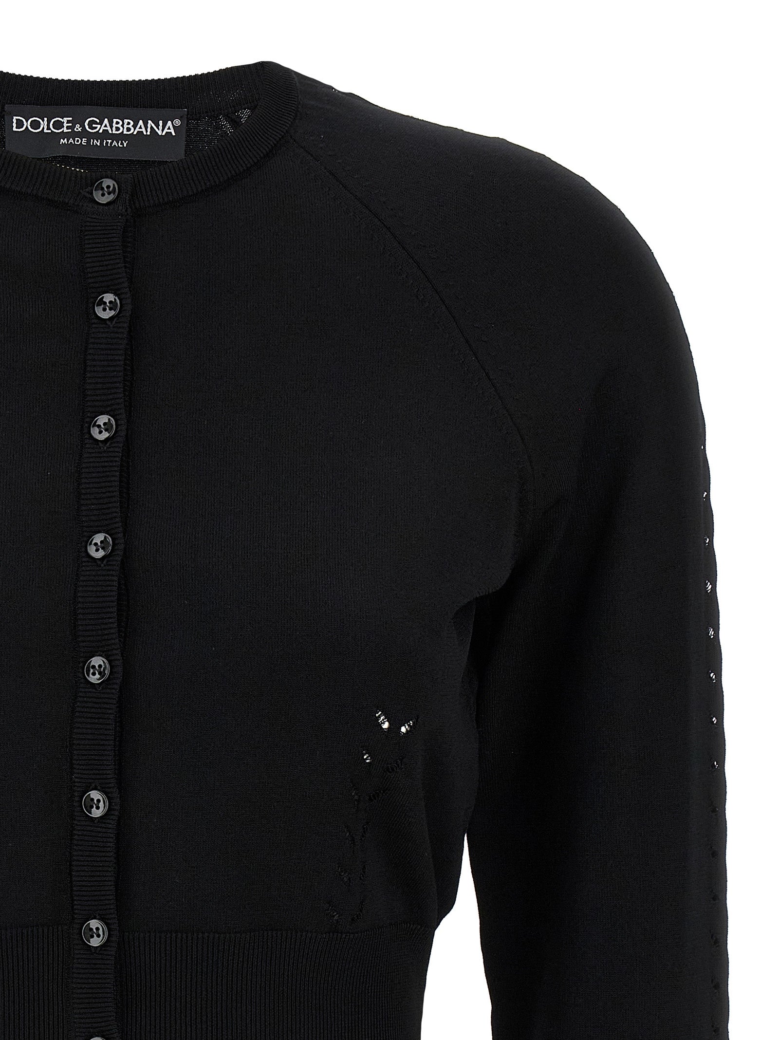 Cardigan noir en viscose de Dolce & Gabbana, doux et élégant, avec détails de style sophistiqué visible sur l'image.