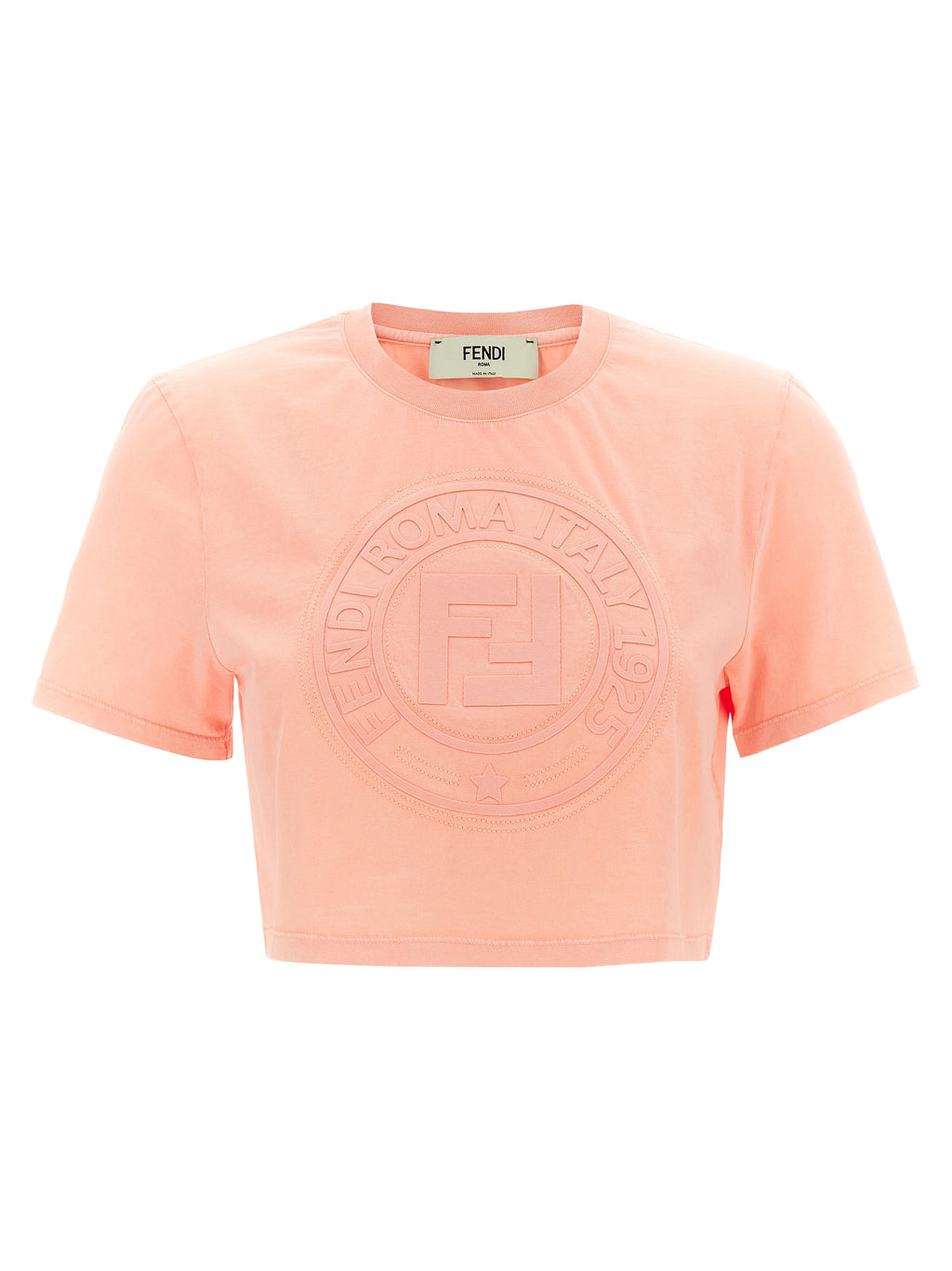 T-shirt coton multicolore Fendi avec logo, manches courtes et design coloré, porté sur un mannequin.