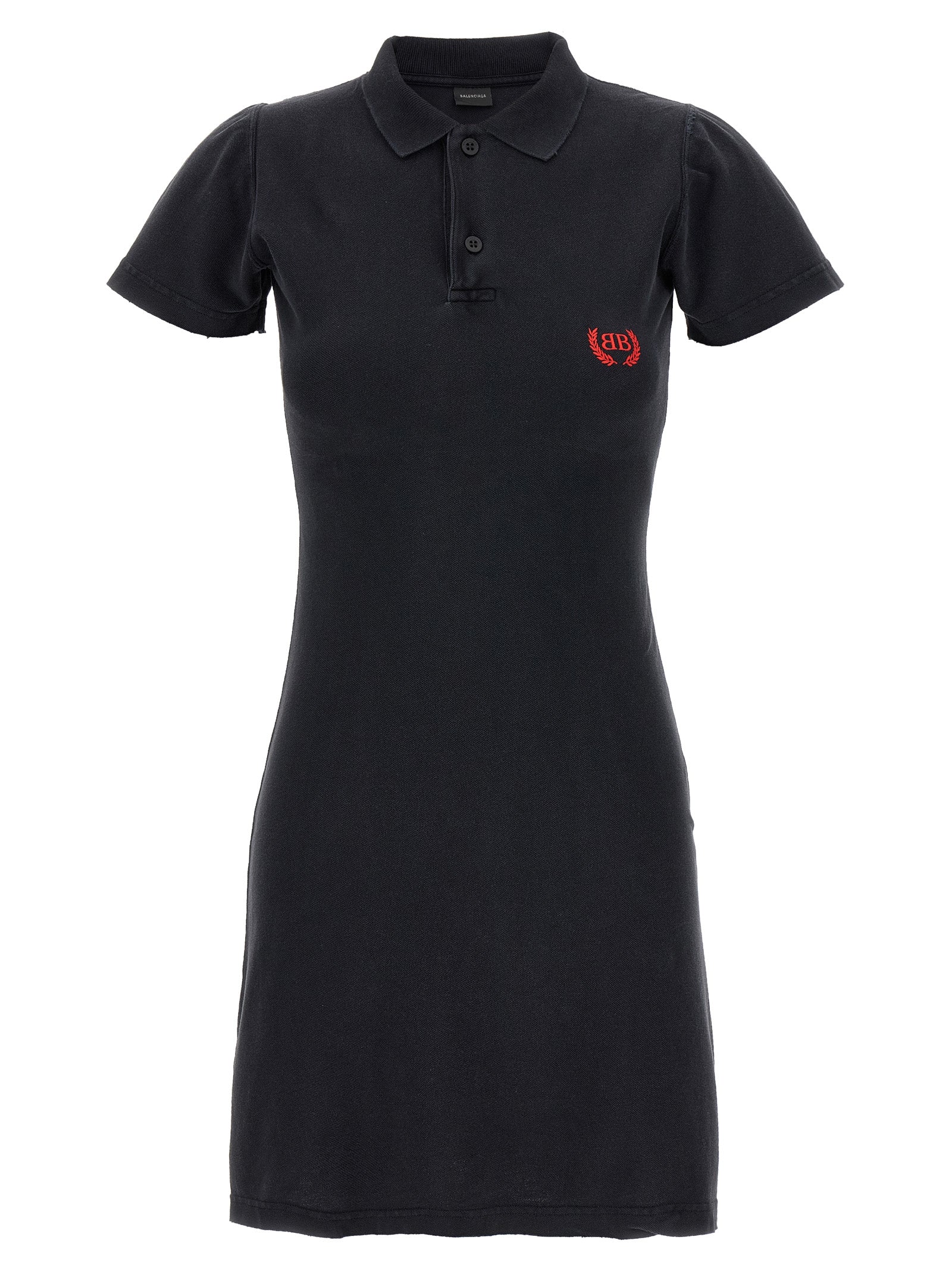 Robe courte noire en coton de Balenciaga, silhouette élégante et moderne, tissu doux et confortable visible en image.