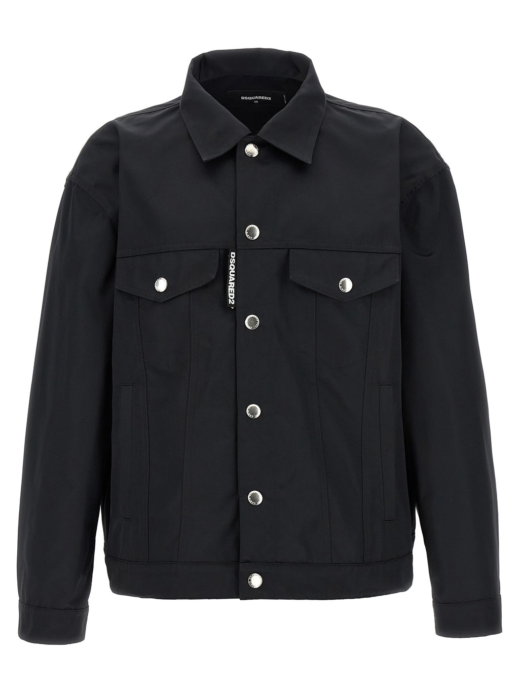 Veste longue en polyester noire Dsquared² avec col montant et poches latérales, vue de face sur fond blanc.