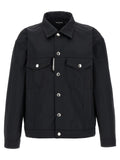 Veste longue en polyester noire Dsquared² avec col montant et poches latérales, vue de face sur fond blanc.