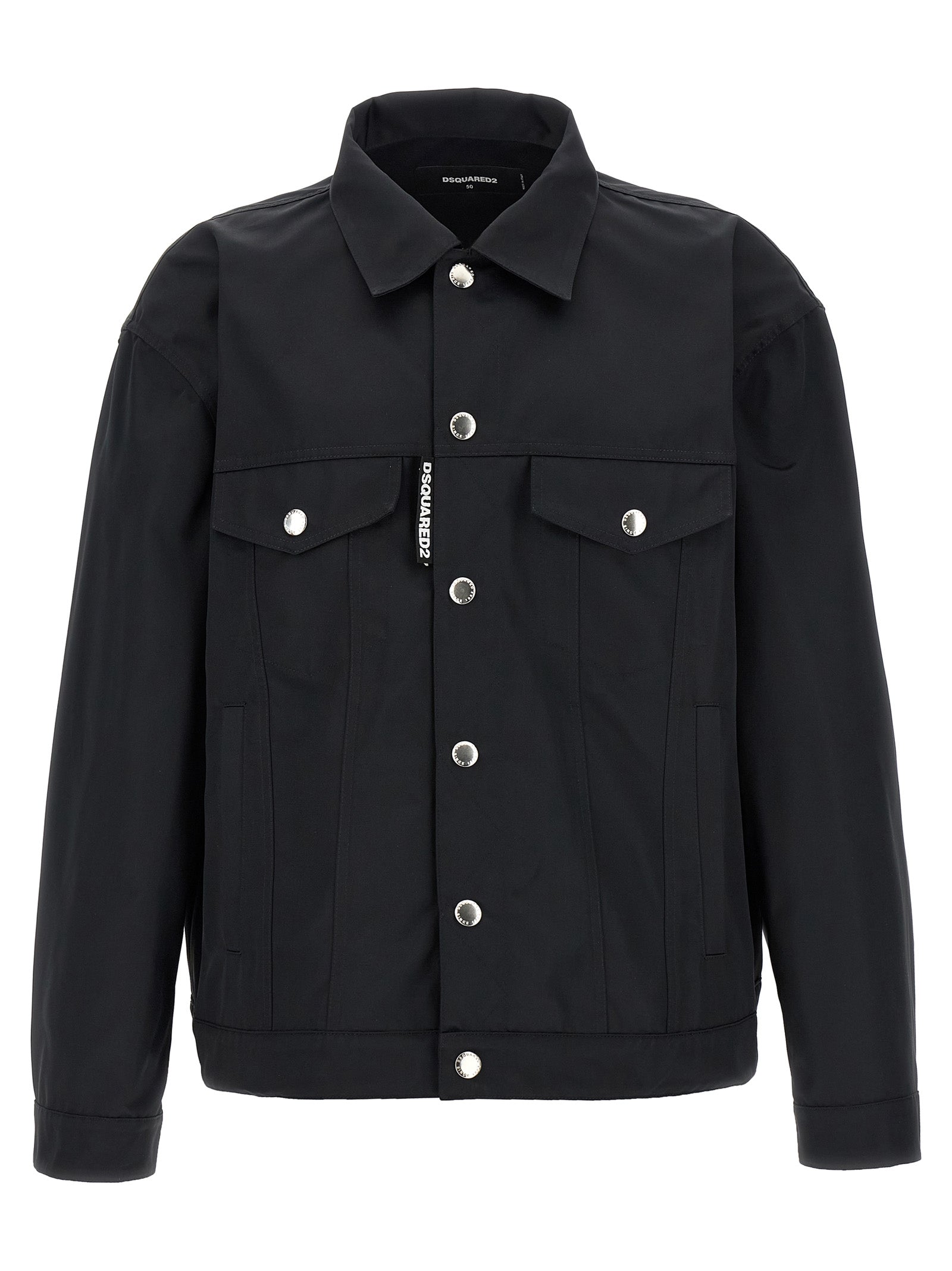 Veste longue en polyester noire Dsquared² avec col montant et poches latérales, vue de face sur fond blanc.