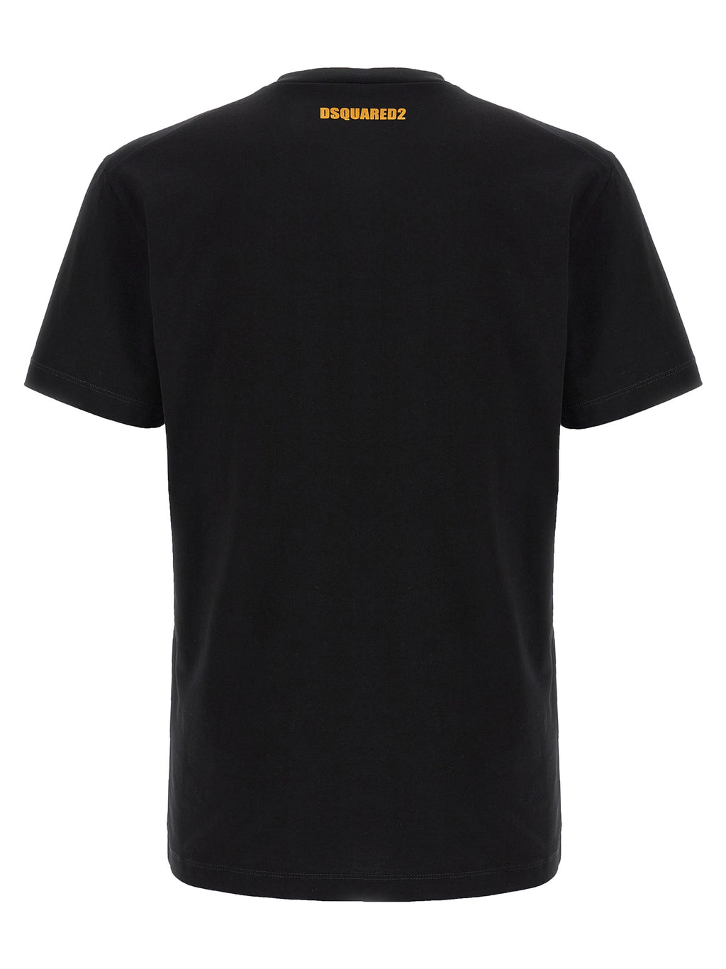T-shirt en coton noir de la marque Dsquared², coupe classique, porté sur un mannequin, détail du col rond.