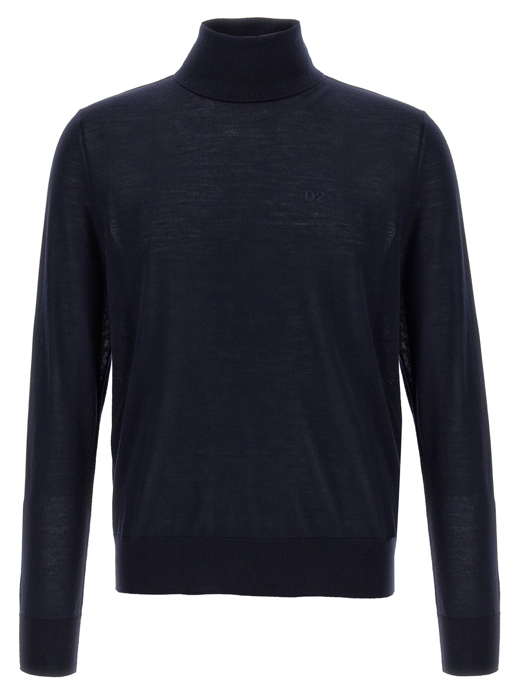 Cardigan en laine vierge bleue Dsquared² porté avec col en V et manches longues, détails élégants et texture douce visible.