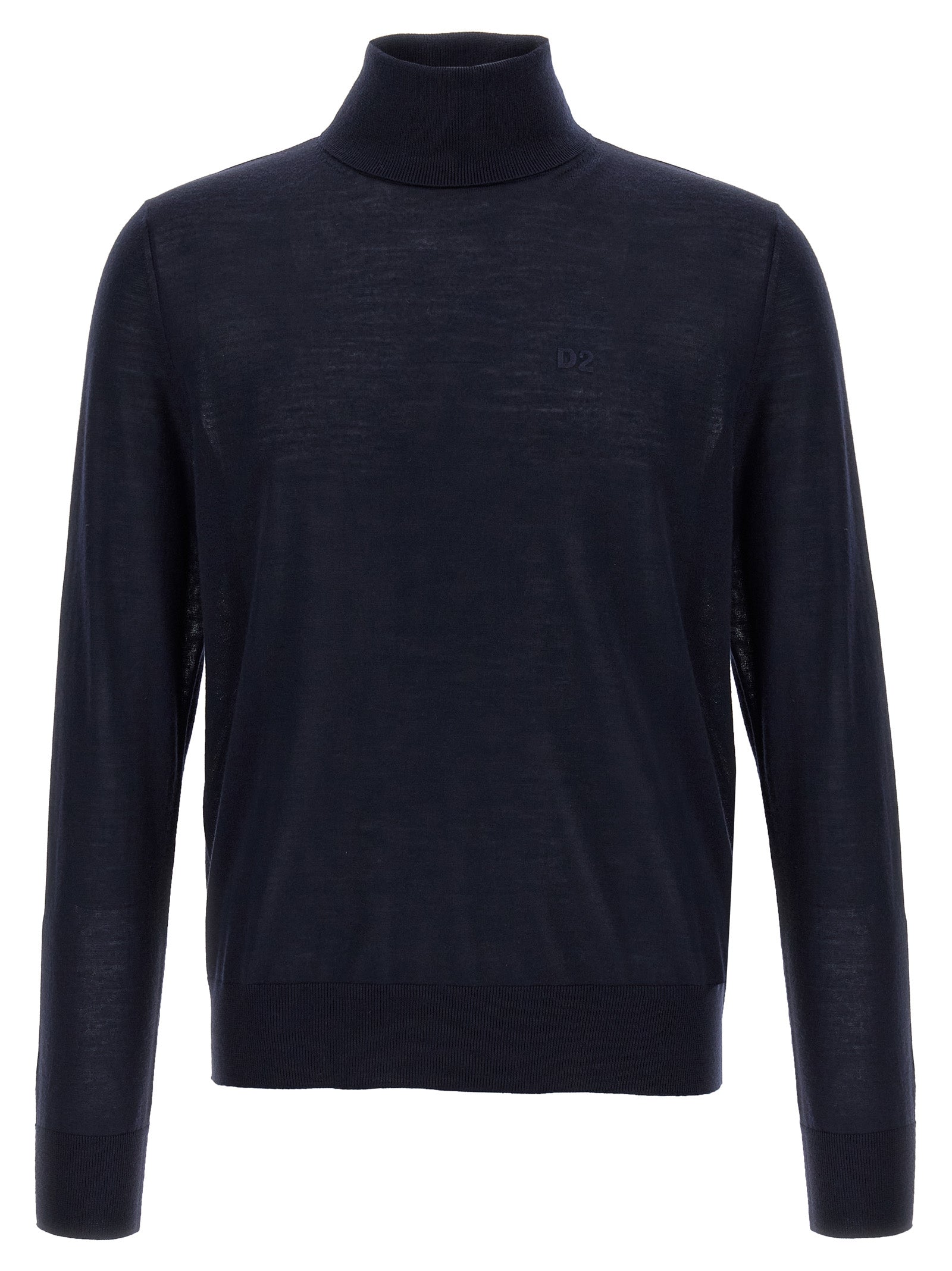 Cardigan en laine vierge bleue Dsquared² porté avec col en V et manches longues, détails élégants et texture douce visible.