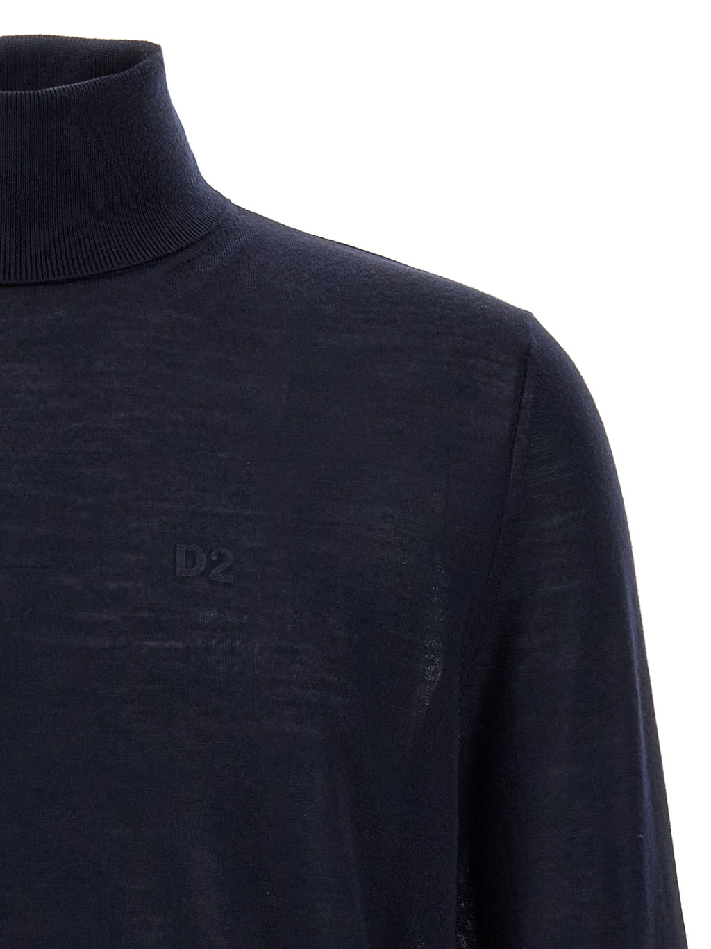 Cardigan en laine vierge bleue de Dsquared², coupe classique, détails de finition élégants, porté sur un fond neutre.