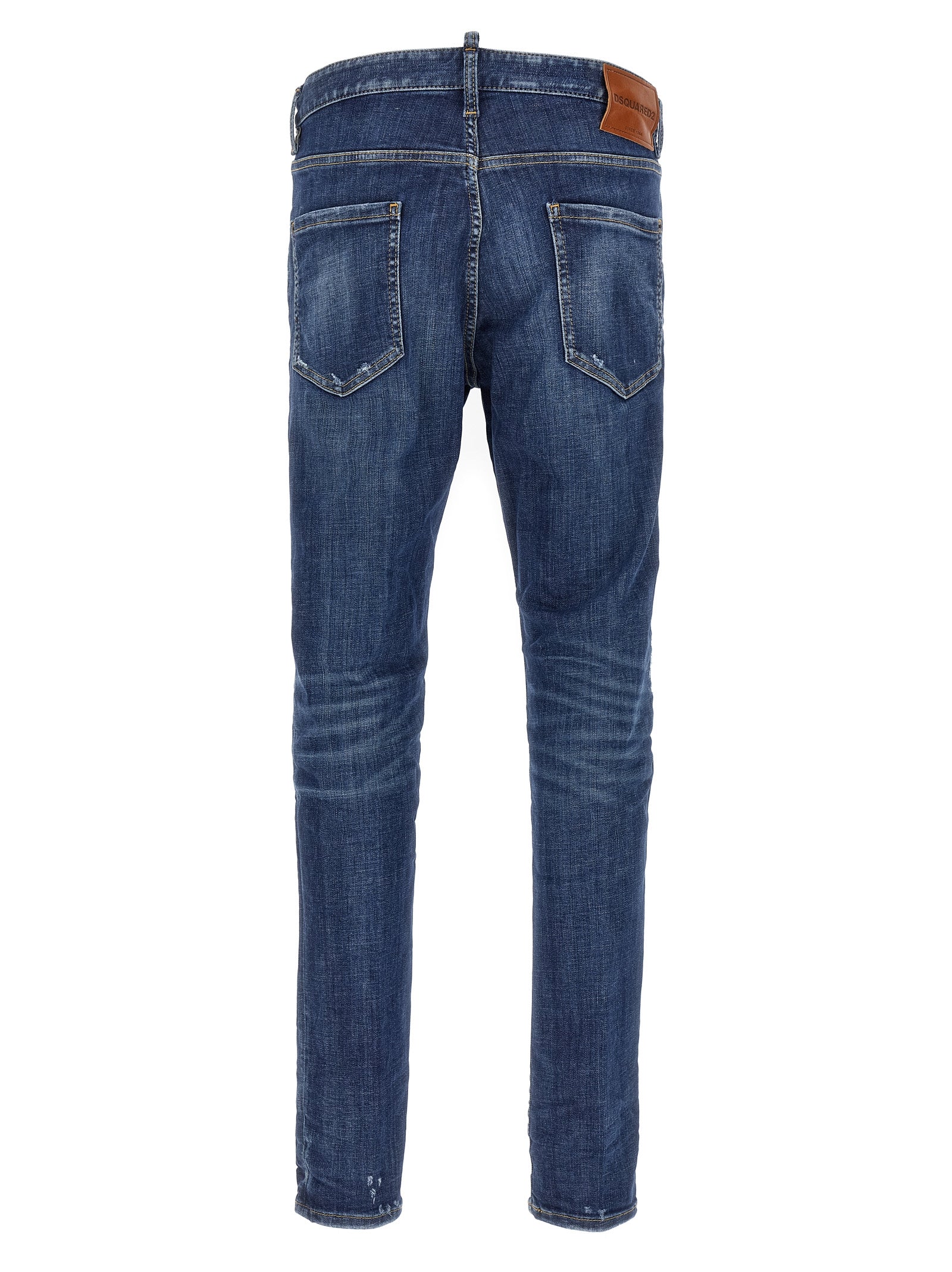 Jeans slim en coton bleu Dsquared², coupe ajustée, visible sur un mannequin avec détails de poches et couture.